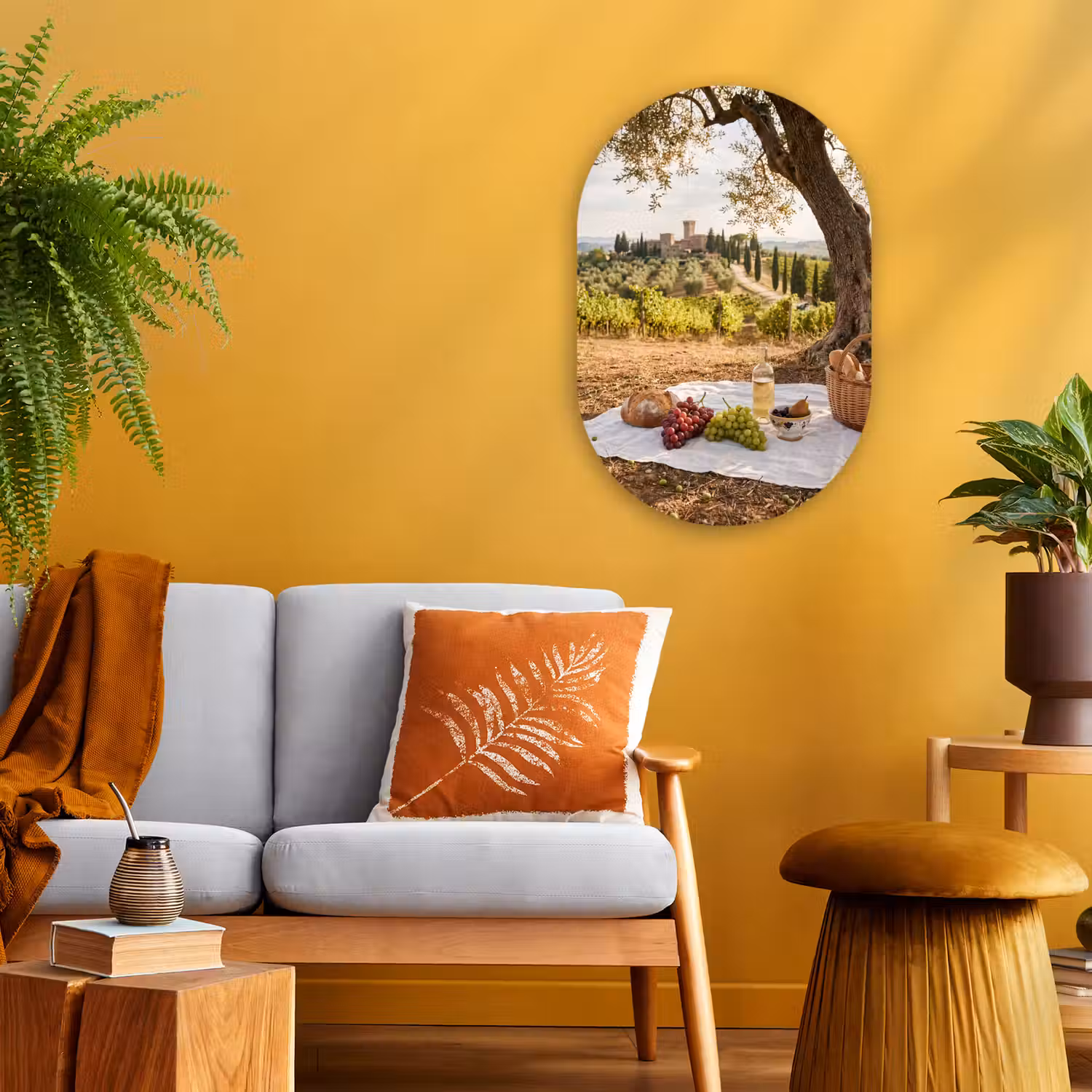 Picknick - Wijngaard - Landschap - Zomer - Eten Wandcirkel Ovaal Forex klein -sfeer4