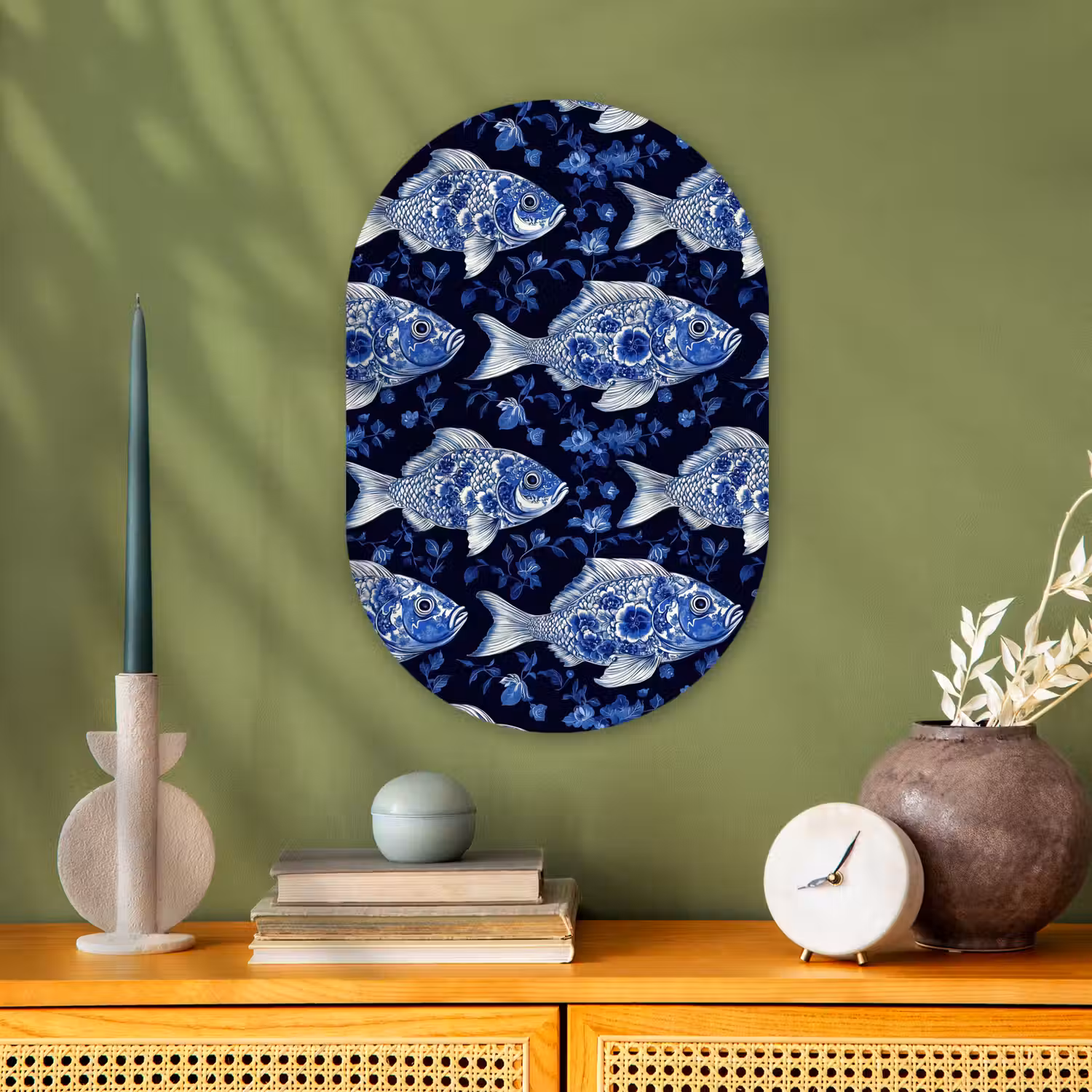 Vissen - Bloemen - Blauw Wandcirkel Ovaal Forex klein 630 -sfeer2