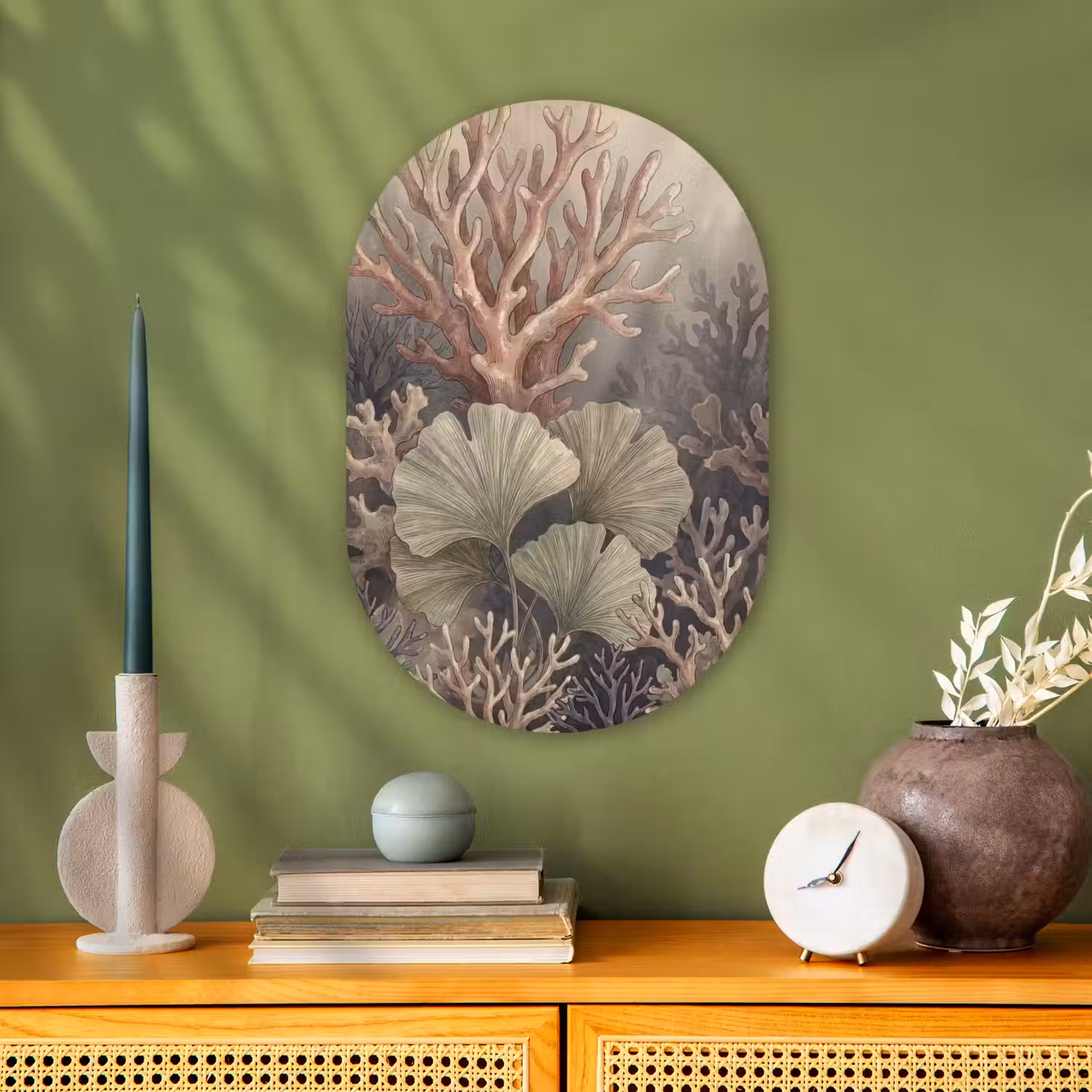 Plant - Bladeren - Zee - Illustratie - Groen Wandcirkel Ovaal Forex klein -sfeer2