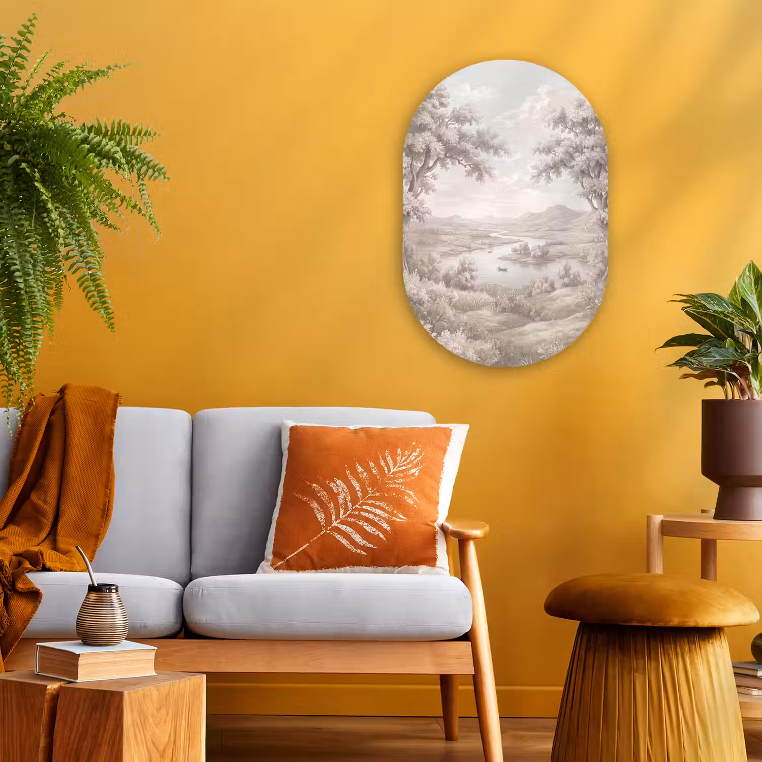 Rivierlandschap - Bergen - Natuur - Vintage - Beige Wandcirkel Ovaal Forex klein -sfeer4