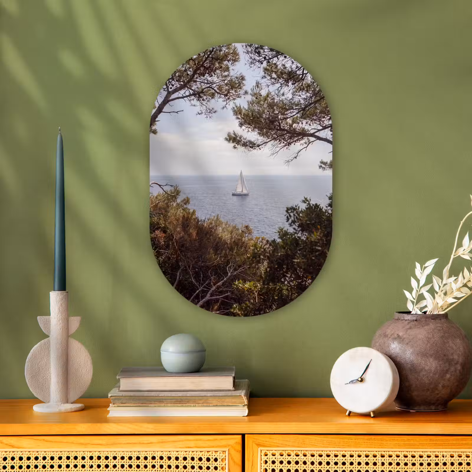 Oval - Plastic - Sailboat - trees - water - Zeilboot - bomen - water Wandcirkel Ovaal Forex klein