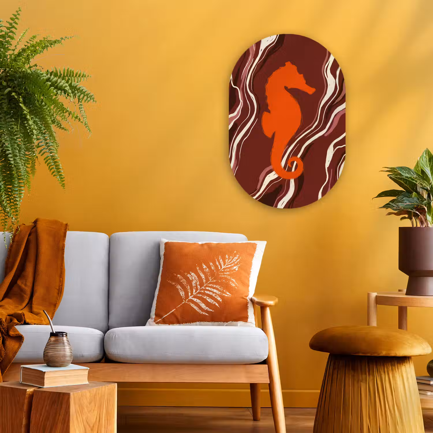 Zeepaardje - Golven - Zeeleven - Abstract - Oranje Wandcirkel Ovaal Forex klein -sfeer4