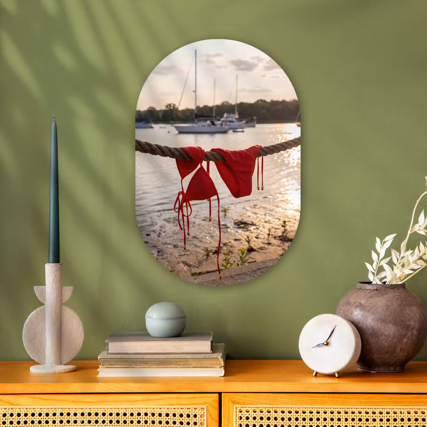 Badkleding - Rood - Zomer - Water - Zonsondergang Wandcirkel Ovaal Forex klein -sfeer2