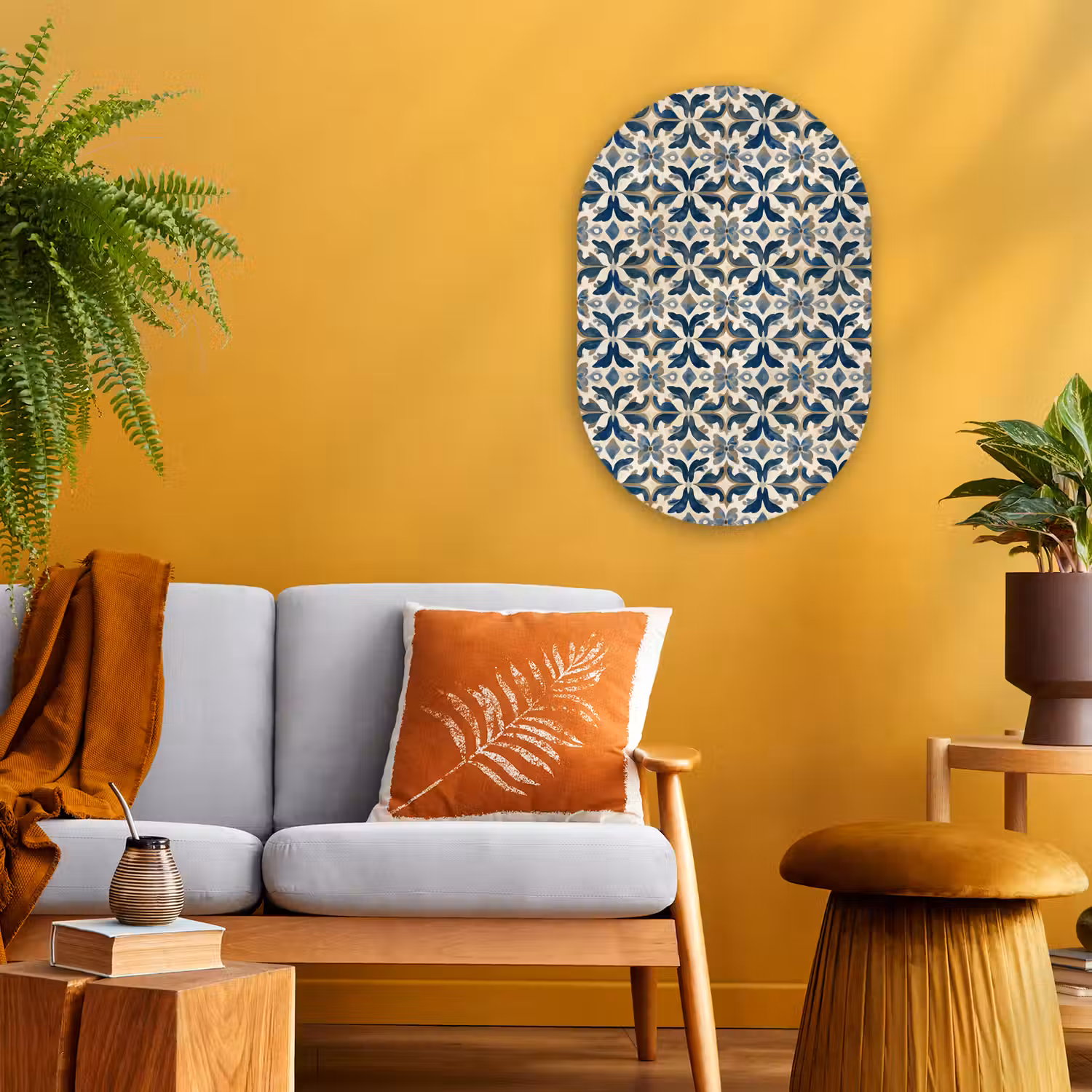 Tegel - Patroon - Blauw - Beige Wandcirkel Ovaal Forex klein 630 -sfeer4
