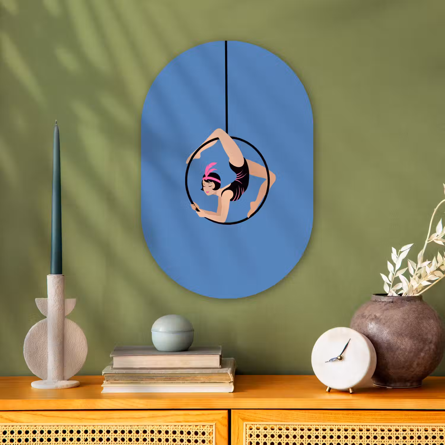 Vrouw - Aerial hoop - Art deco - Illustratie - Blauw Wandcirkel Ovaal Forex klein -sfeer2