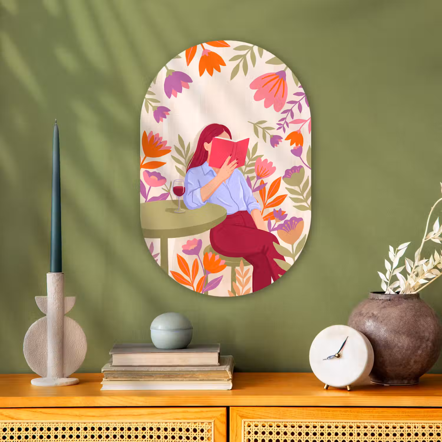 Vrouw - Lezen - Thuis - Modern - Bloemen Wandcirkel Ovaal Forex klein -sfeer2