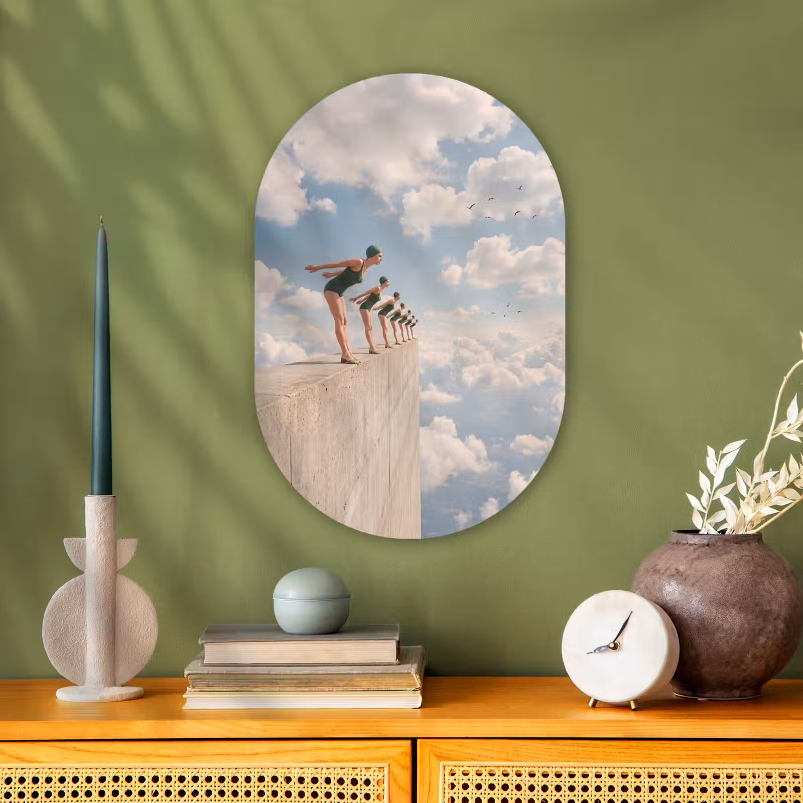 Oval - Plastic - Women - Diving Pose - Clouds - Vrouwen - Duikhouding - Wolken Wandcirkel Ovaal Forex klein