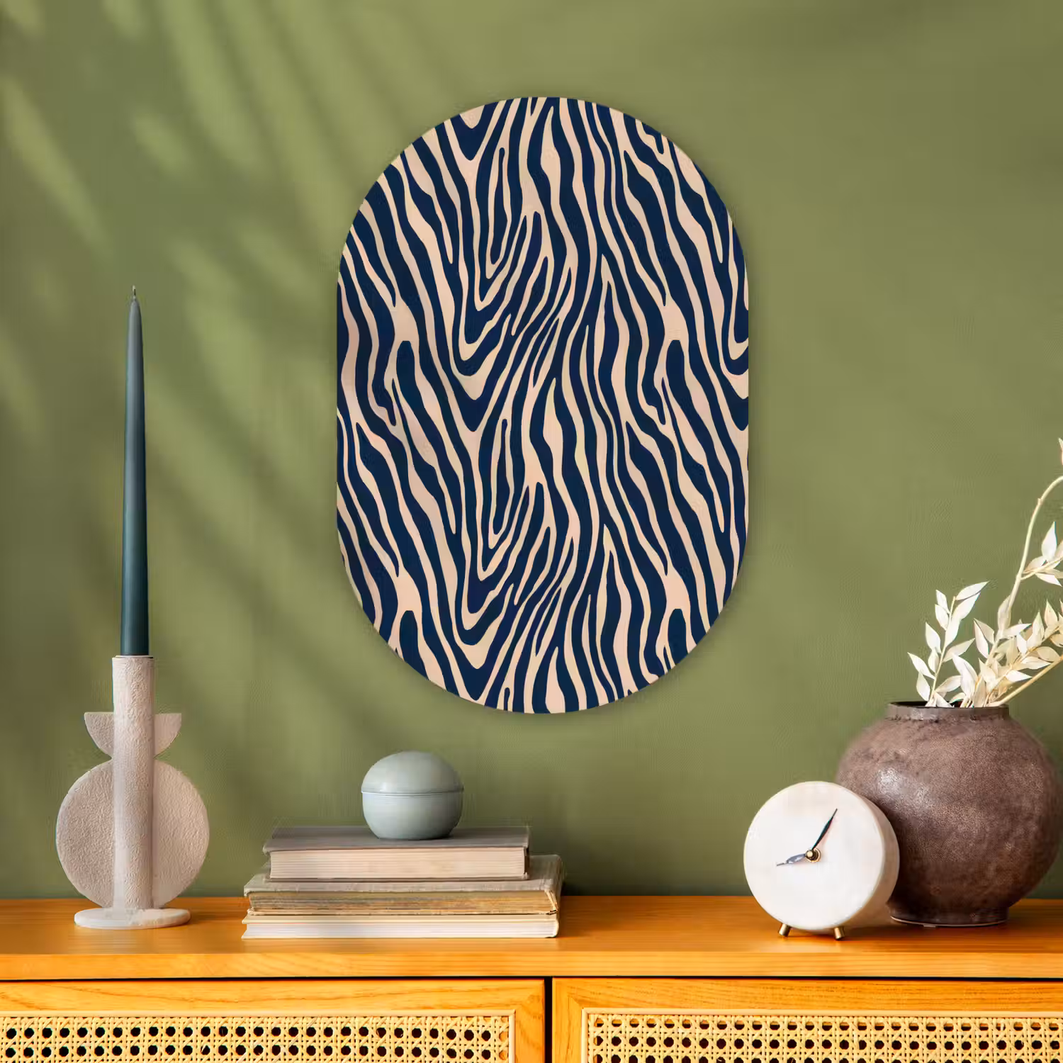 Zebra - Patroon - Blauw - Beige Wandcirkel Ovaal Forex klein 630 -sfeer2