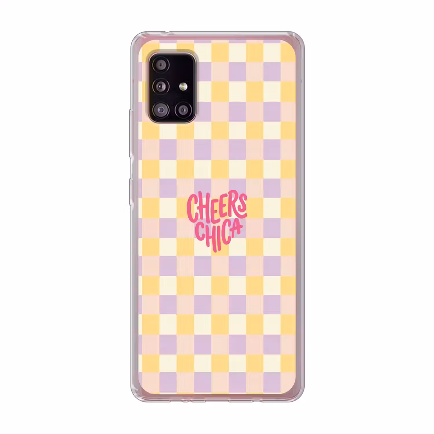 Cheers Chica - Ruitjes - Lila - Geel Telefoonhoesje Samsung Galaxy A51 5G klein -3d