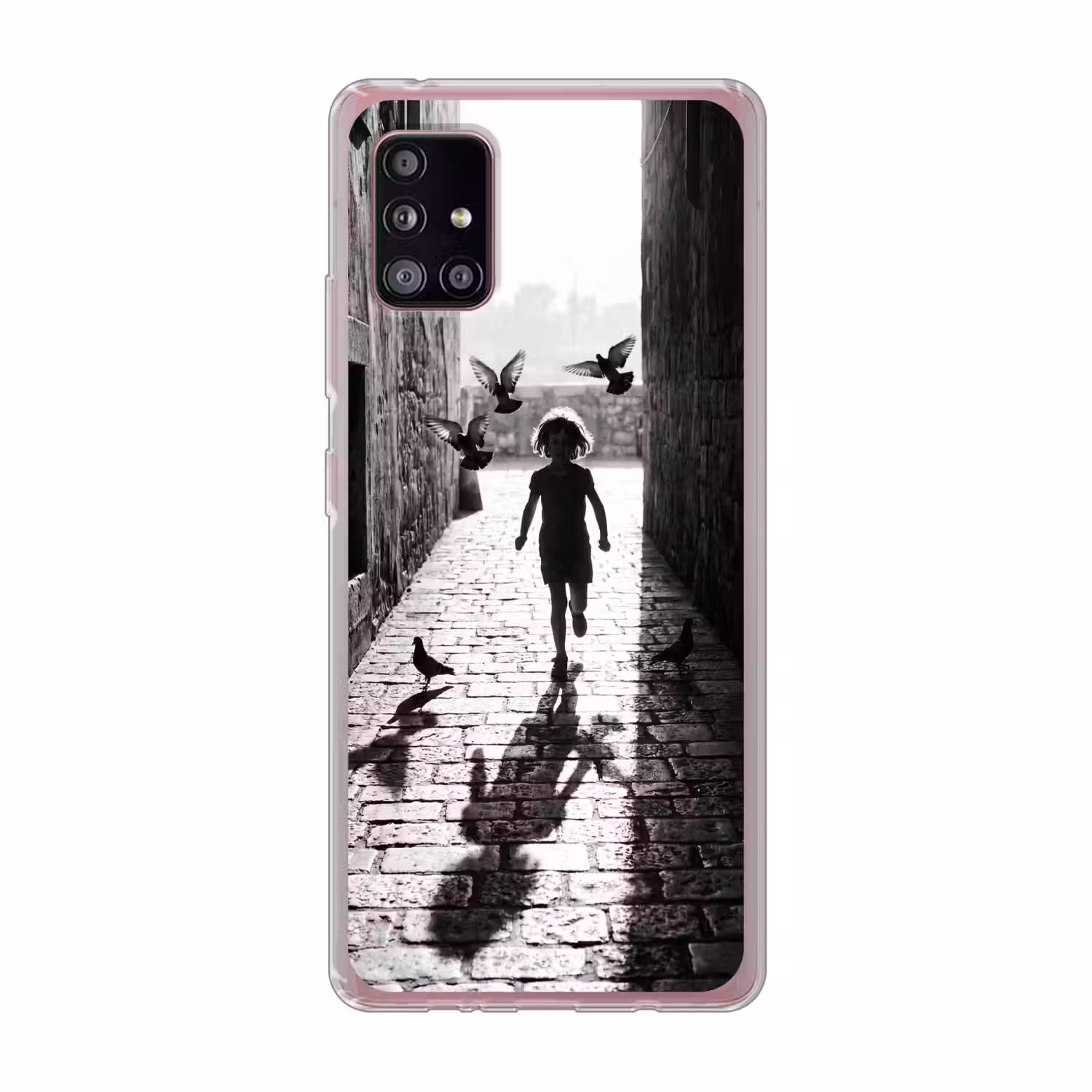 Kind - Vogel - Straat - Zwart-wit - Spelen Telefoonhoesje Samsung Galaxy A51 5G klein -3d