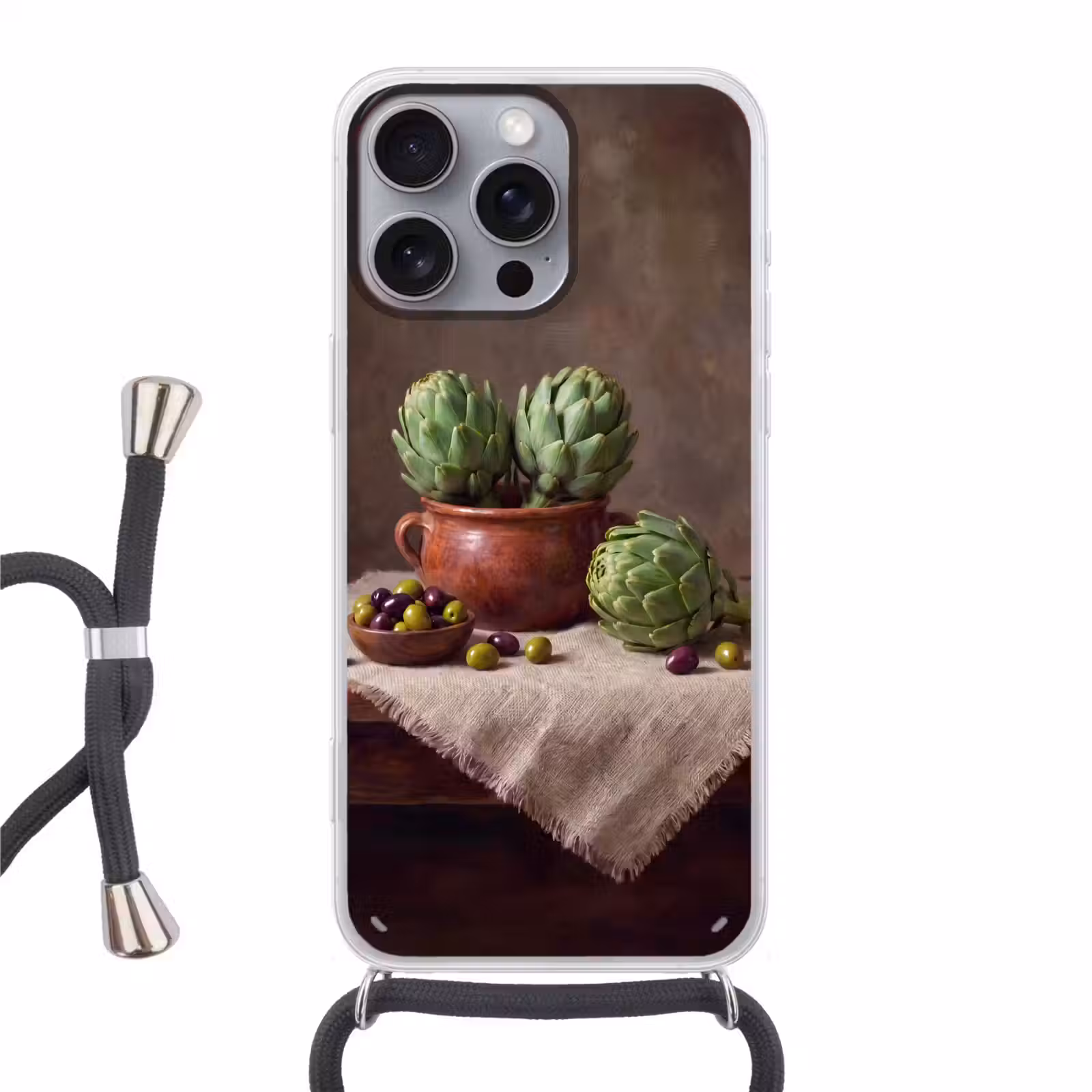 Phone case crossbody - Artichokes - Olives - Food - Artisjokken - Olijven - Eten Hoesje iPhone 16 Pro Max met koord klein