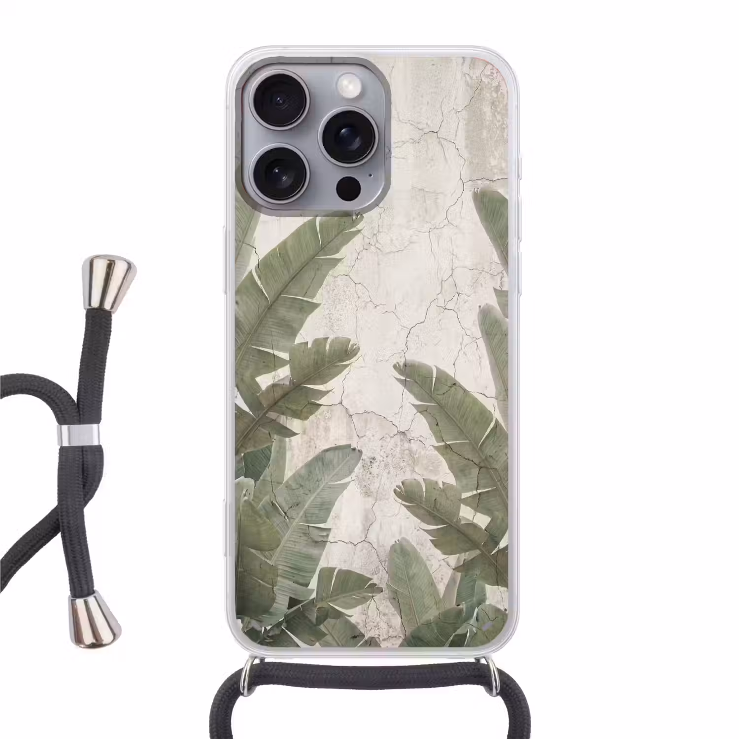 Bananenbladeren - Beton - Groen Hoesje iPhone 16 Pro Max met koord klein -3d