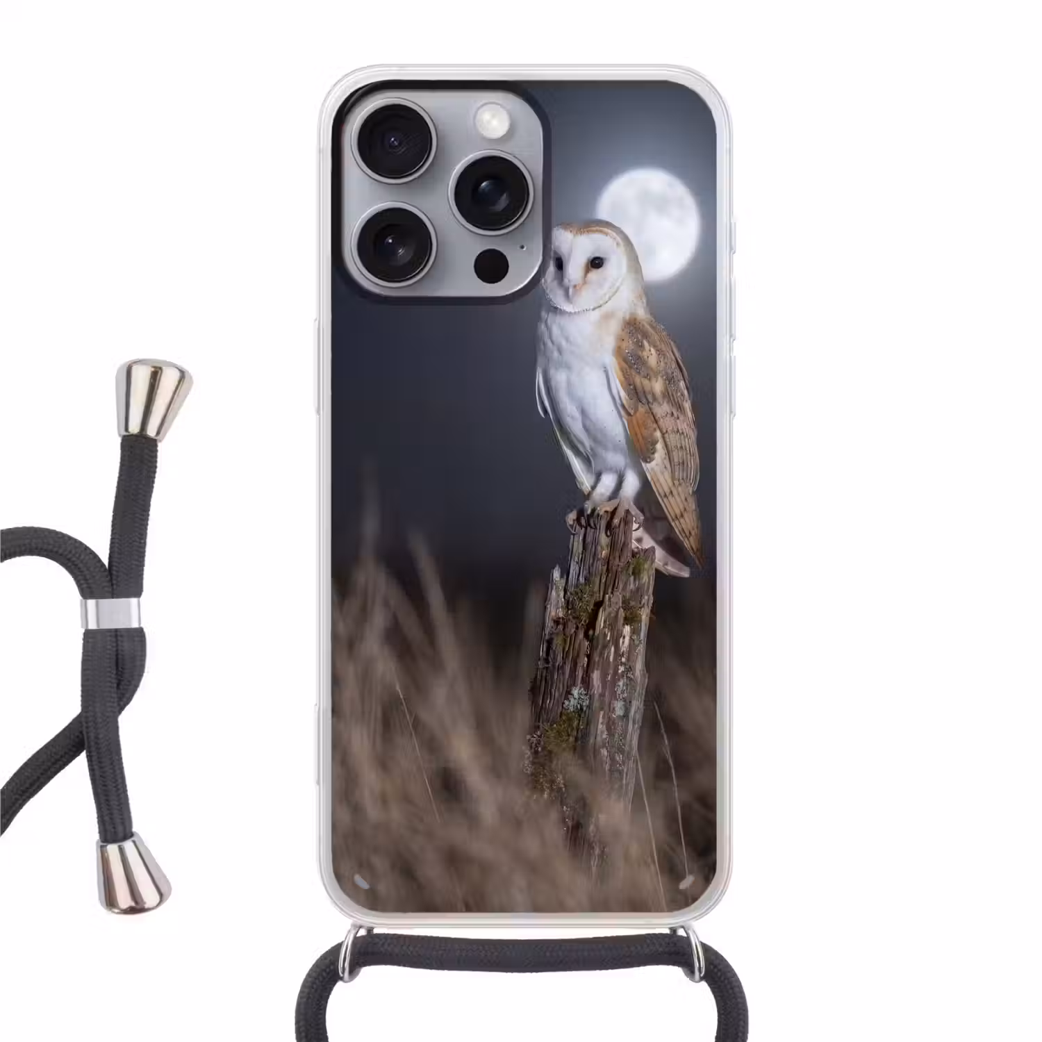 Kerkuil - Maan - Nacht Hoesje iPhone 16 Pro Max met koord klein -3d
