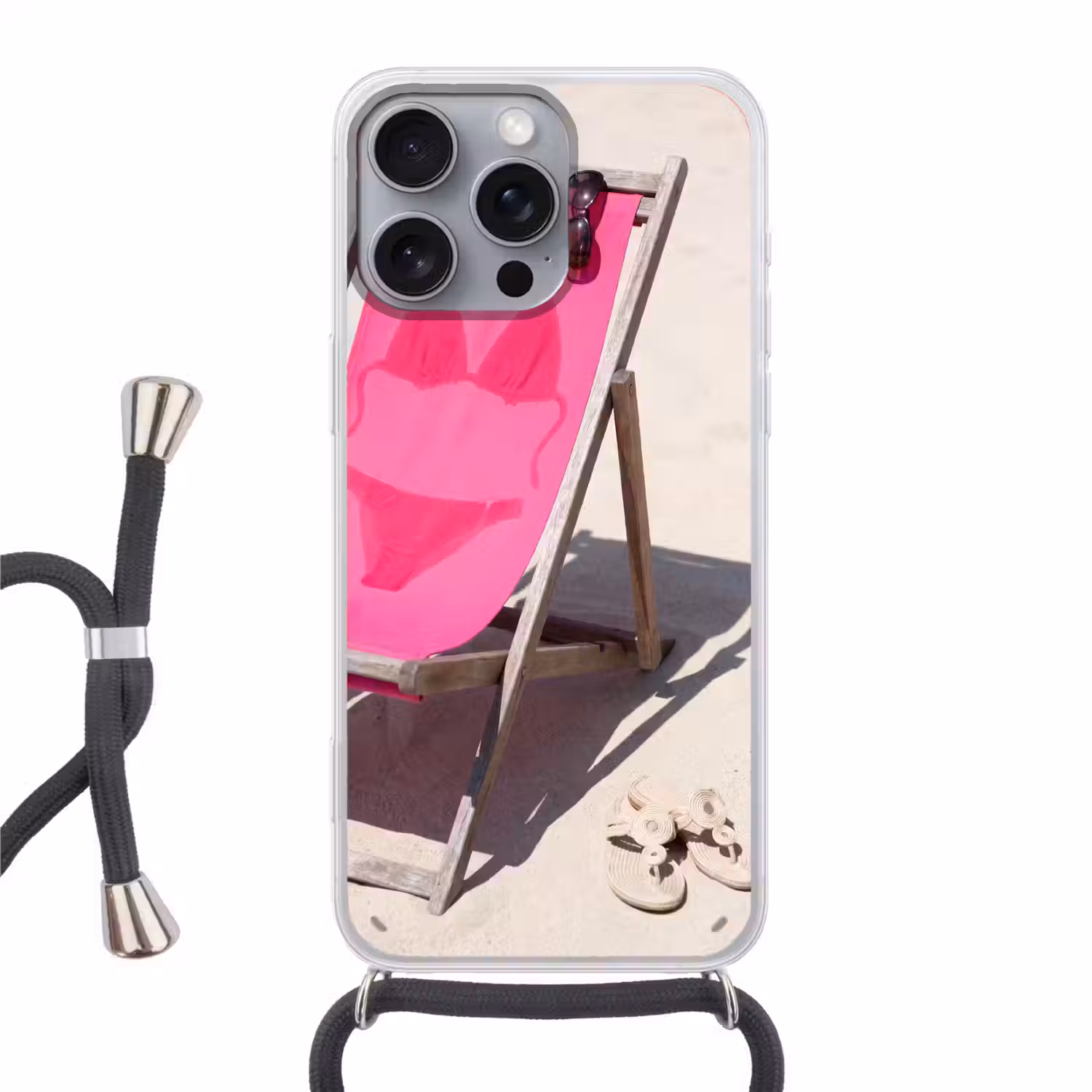Strand - Ligstoel - Badkleding - Zomer - Roze Hoesje iPhone 16 Pro Max met koord klein -3d