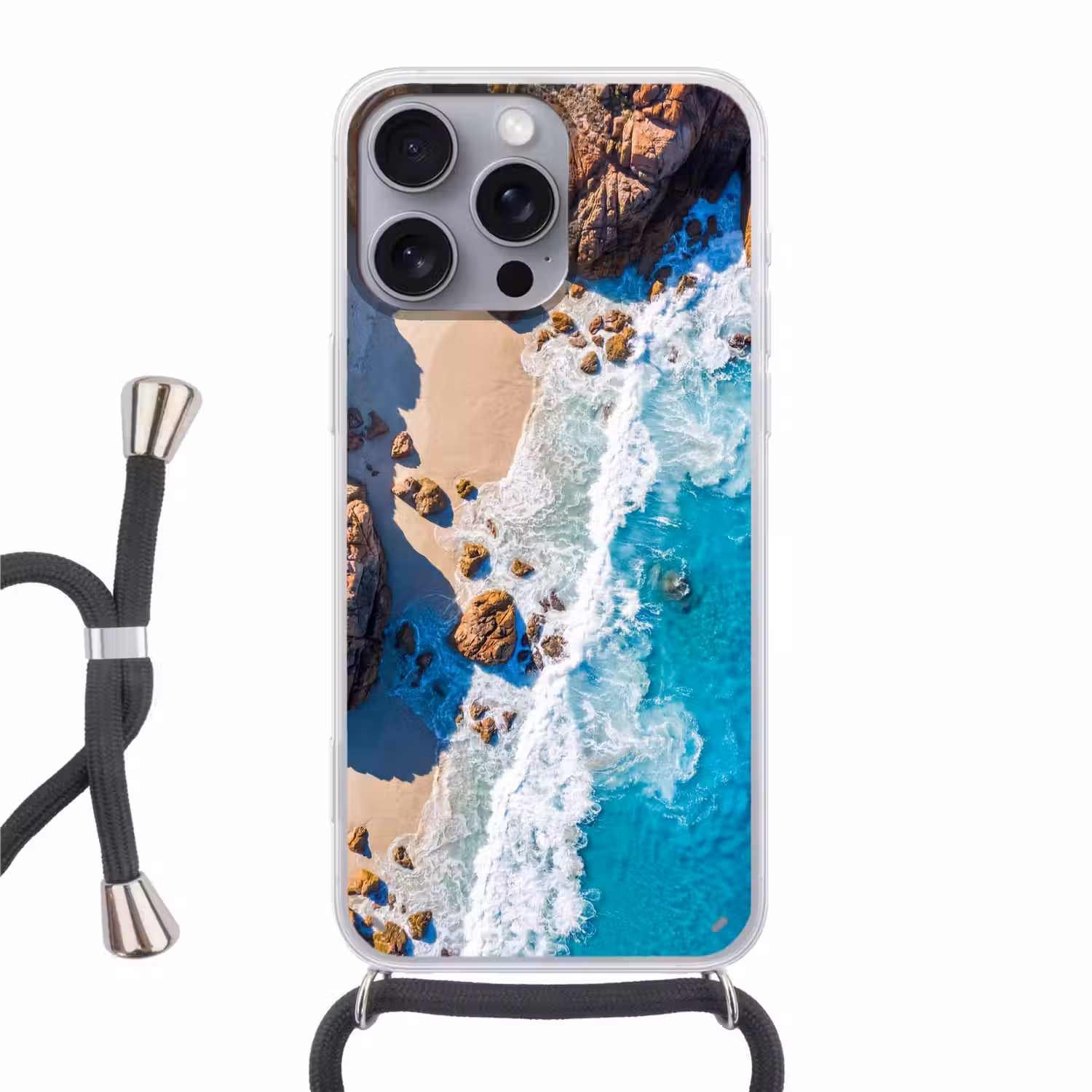 Strand - Zee - Rotsen - Natuur - Blauw Hoesje iPhone 16 Pro Max met koord klein -3d