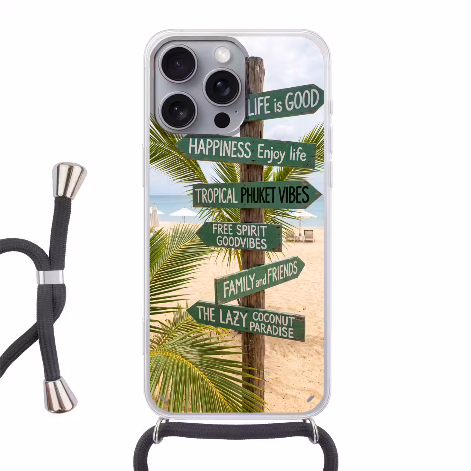 Strand - Wegwijzer - Palmen - Tropisch - Groen Hoesje iPhone 16 Pro Max met koord klein -3d