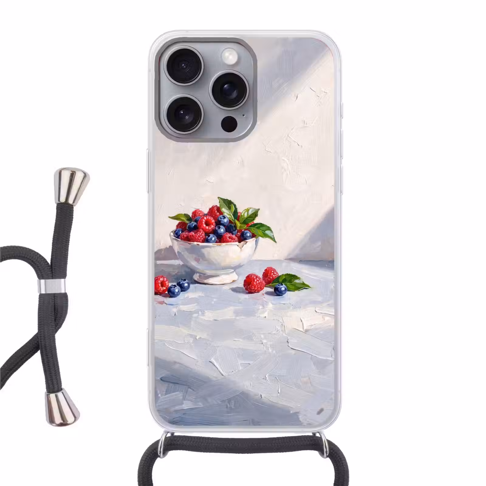 Phone case crossbody - Berries - Bowl - Food - Bessen - Kom - Eten Hoesje iPhone 16 Pro Max met koord klein