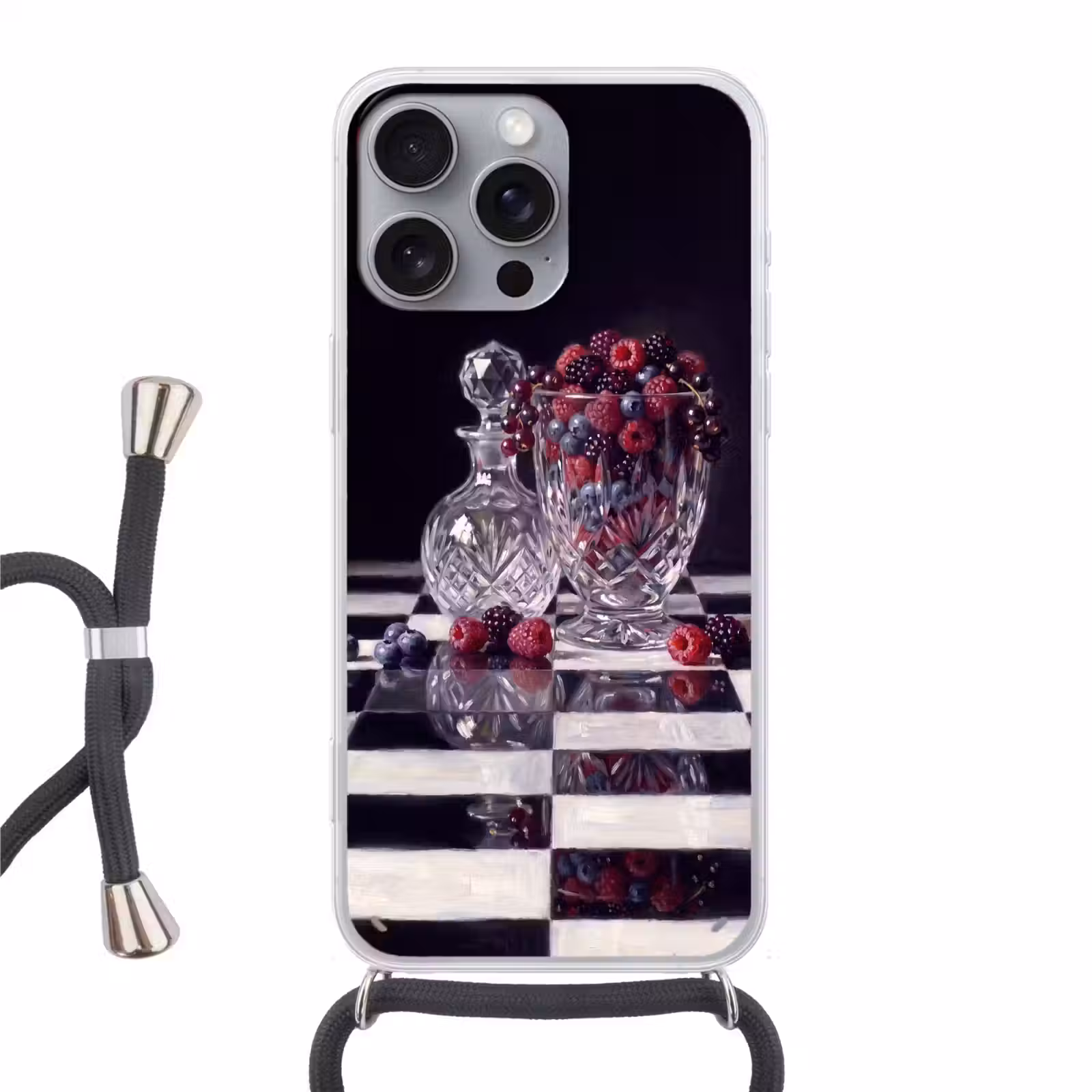 Phone case crossbody - Berries - Crystal - Still Life - Bessen - Kristal - Stilleven Hoesje iPhone 16 Pro Max met koord klein