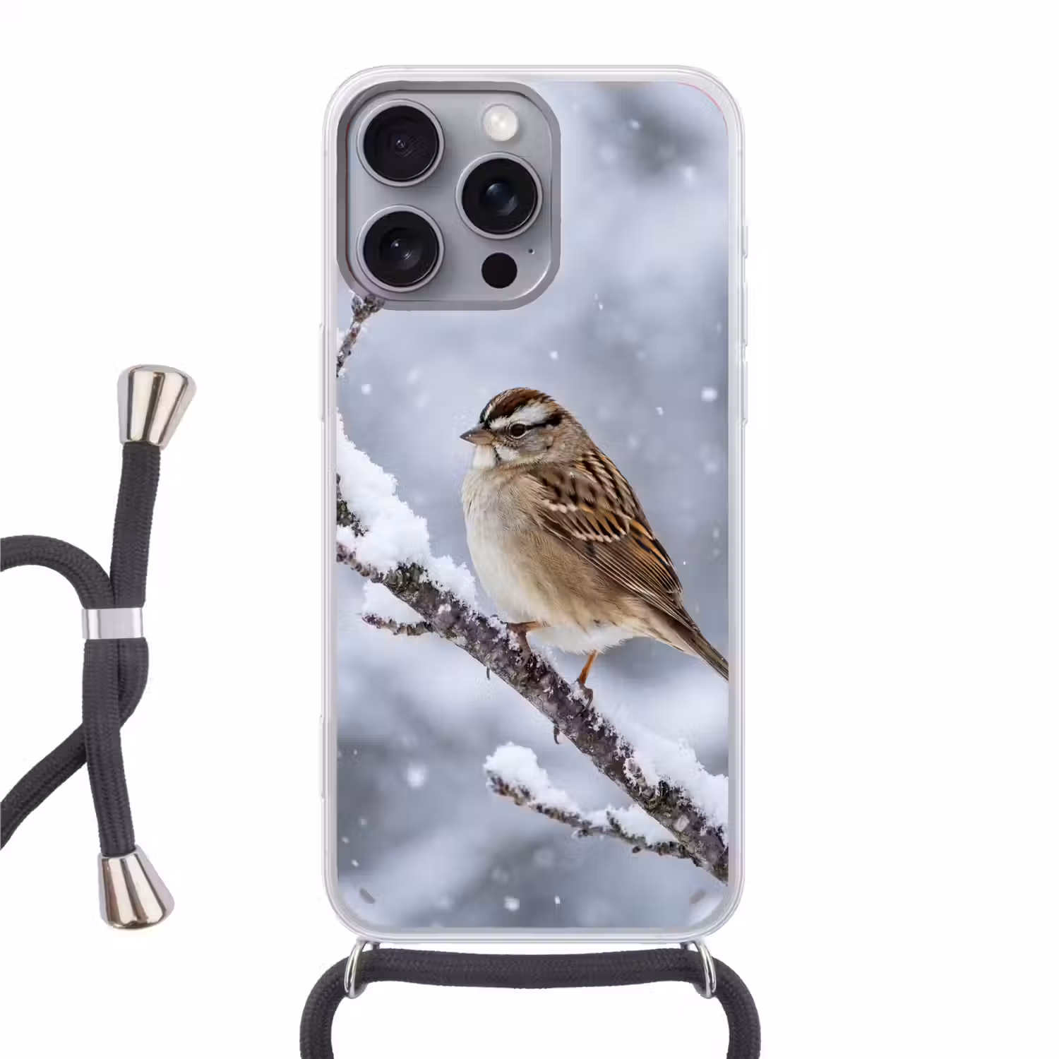 Vogel - Tak - Sneeuw - Winter Hoesje iPhone 16 Pro Max met koord klein -3d