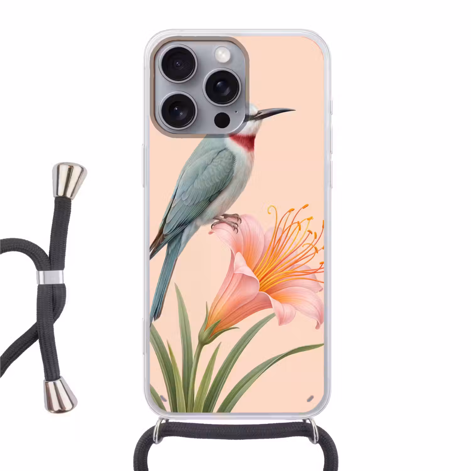 Vogel - Bloem - Natuur - Roze Hoesje iPhone 16 Pro Max met koord klein -3d
