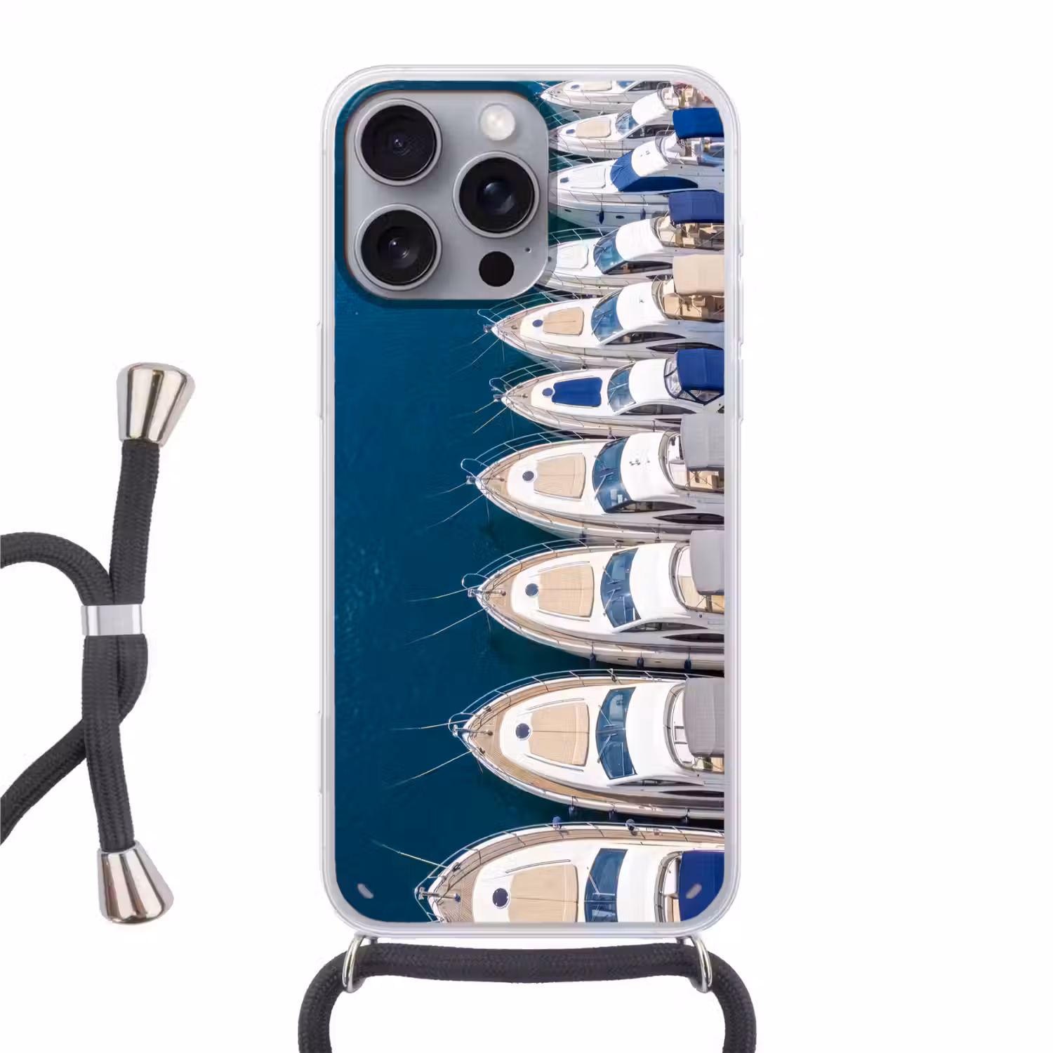 Boot - Jachthaven - Water - Zomer - Blauw Hoesje iPhone 16 Pro Max met koord klein -3d
