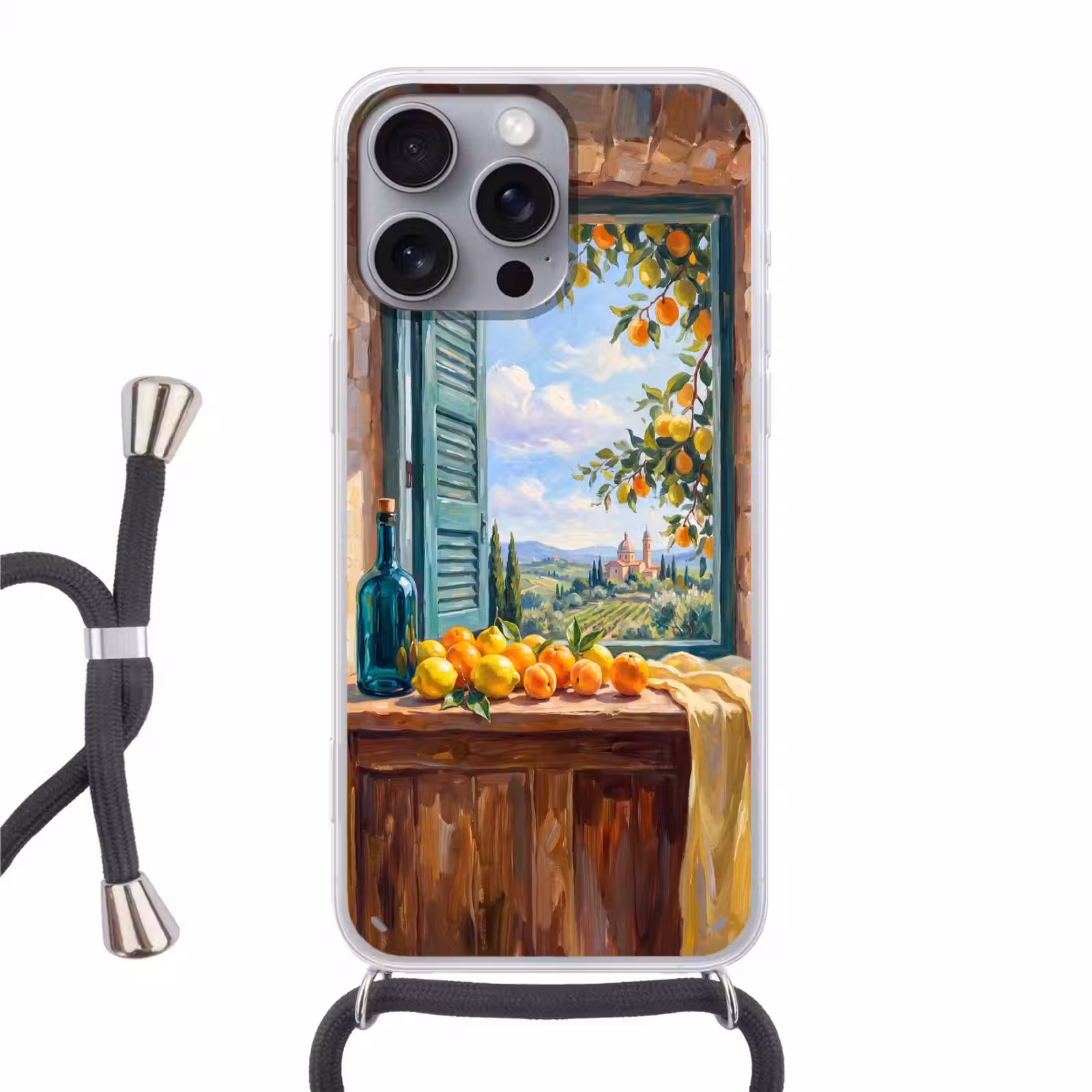 Phone case crossbody - Bottle - Fruit - Still Life - Fles - Fruit - Stilleven Hoesje iPhone 16 Pro Max met koord klein