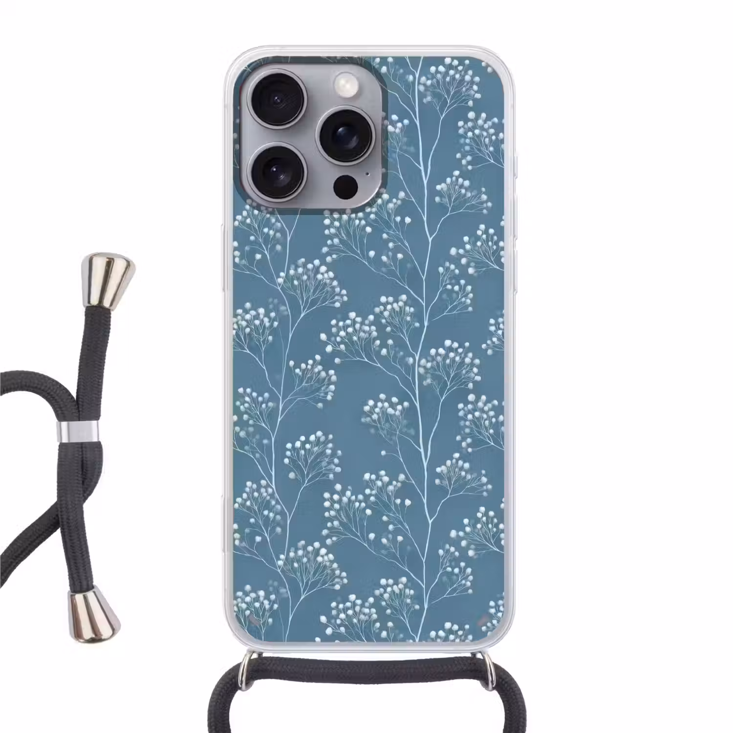 Takken - Bessen - Patroon - Lichtblauw Hoesje iPhone 16 Pro Max met koord klein 804 -3d