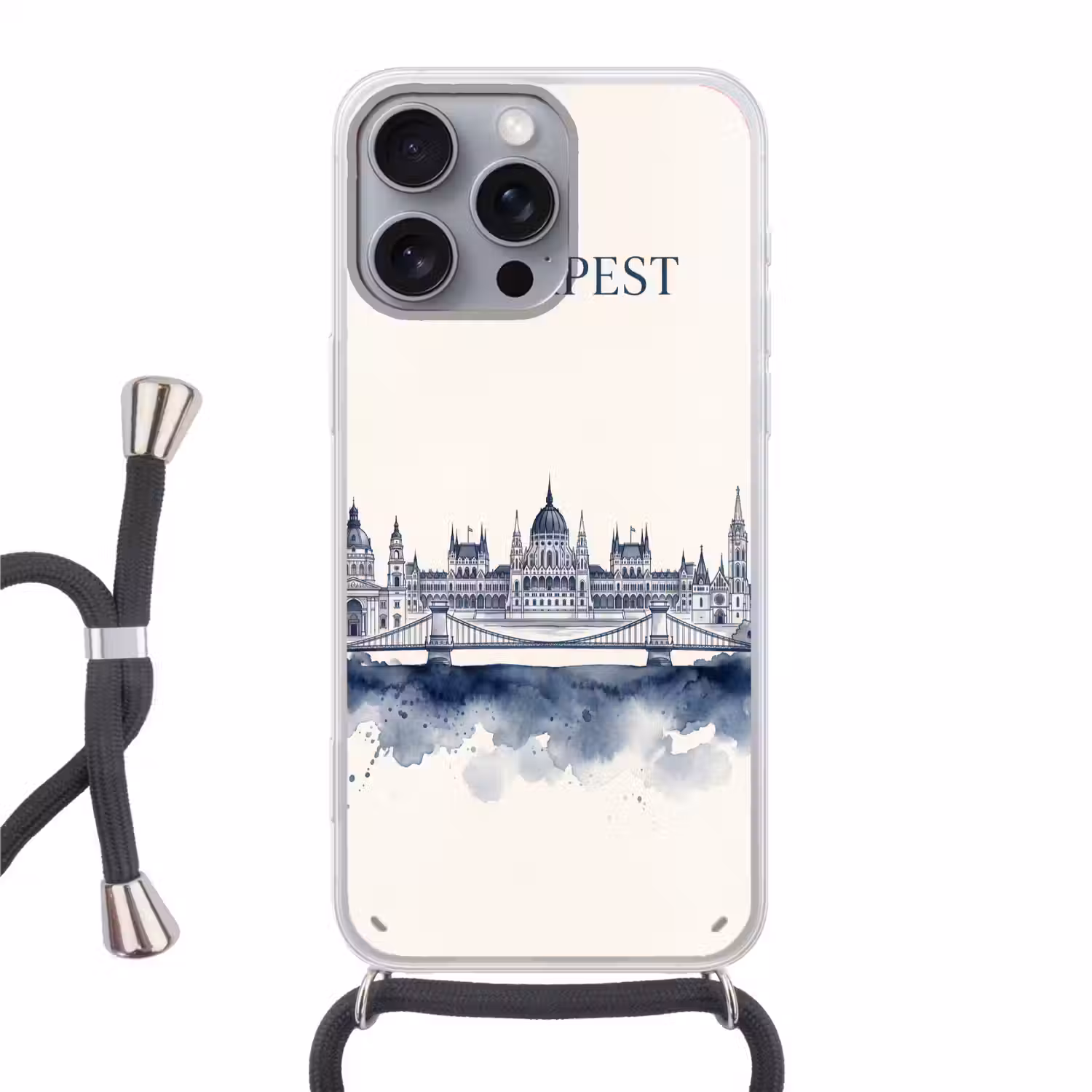 Boedapest - Skyline - Architectuur - Aquarel - Blauw Hoesje iPhone 16 Pro Max met koord klein -3d