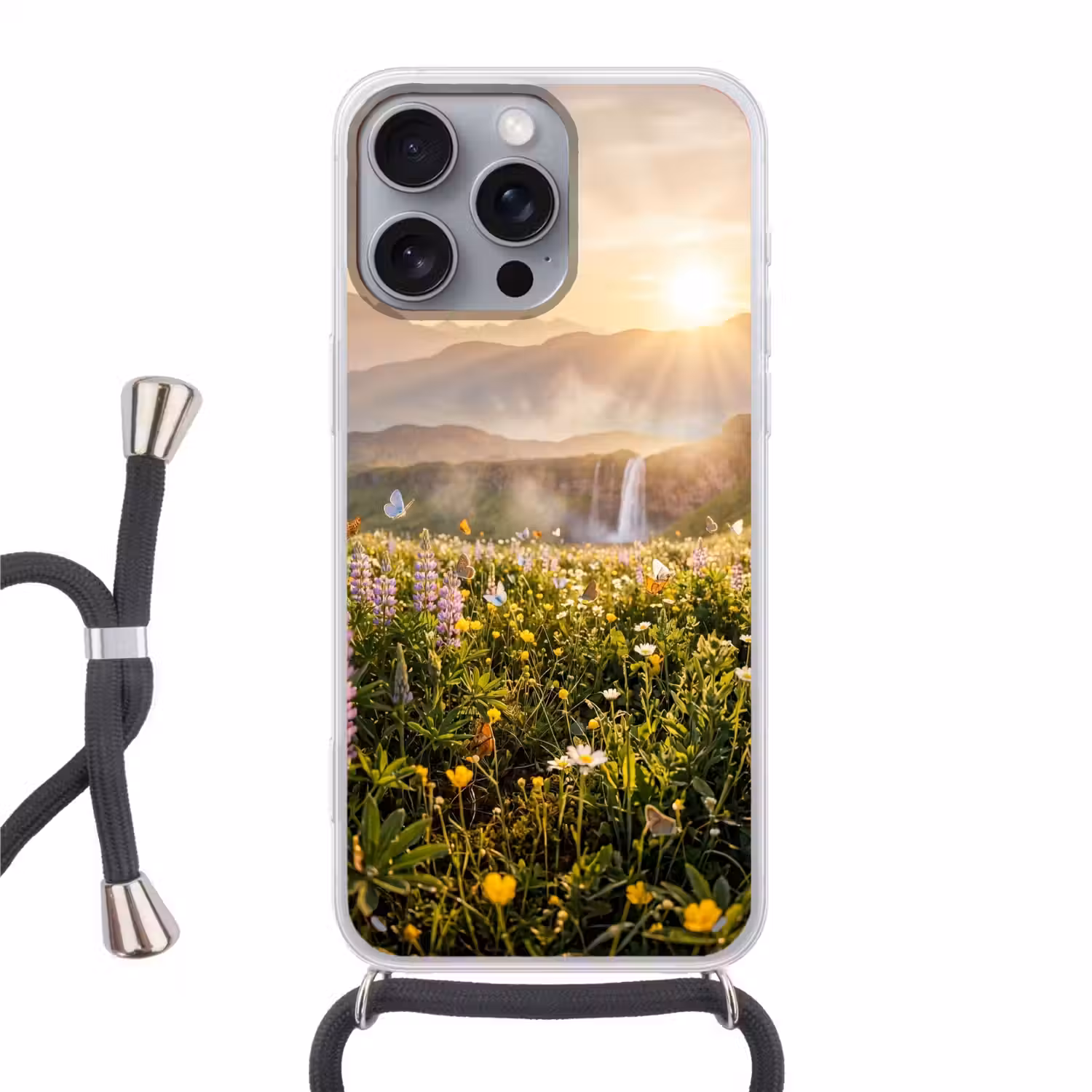Vlinders - Waterval - Bloemenveld Hoesje iPhone 16 Pro Max met koord klein -3d