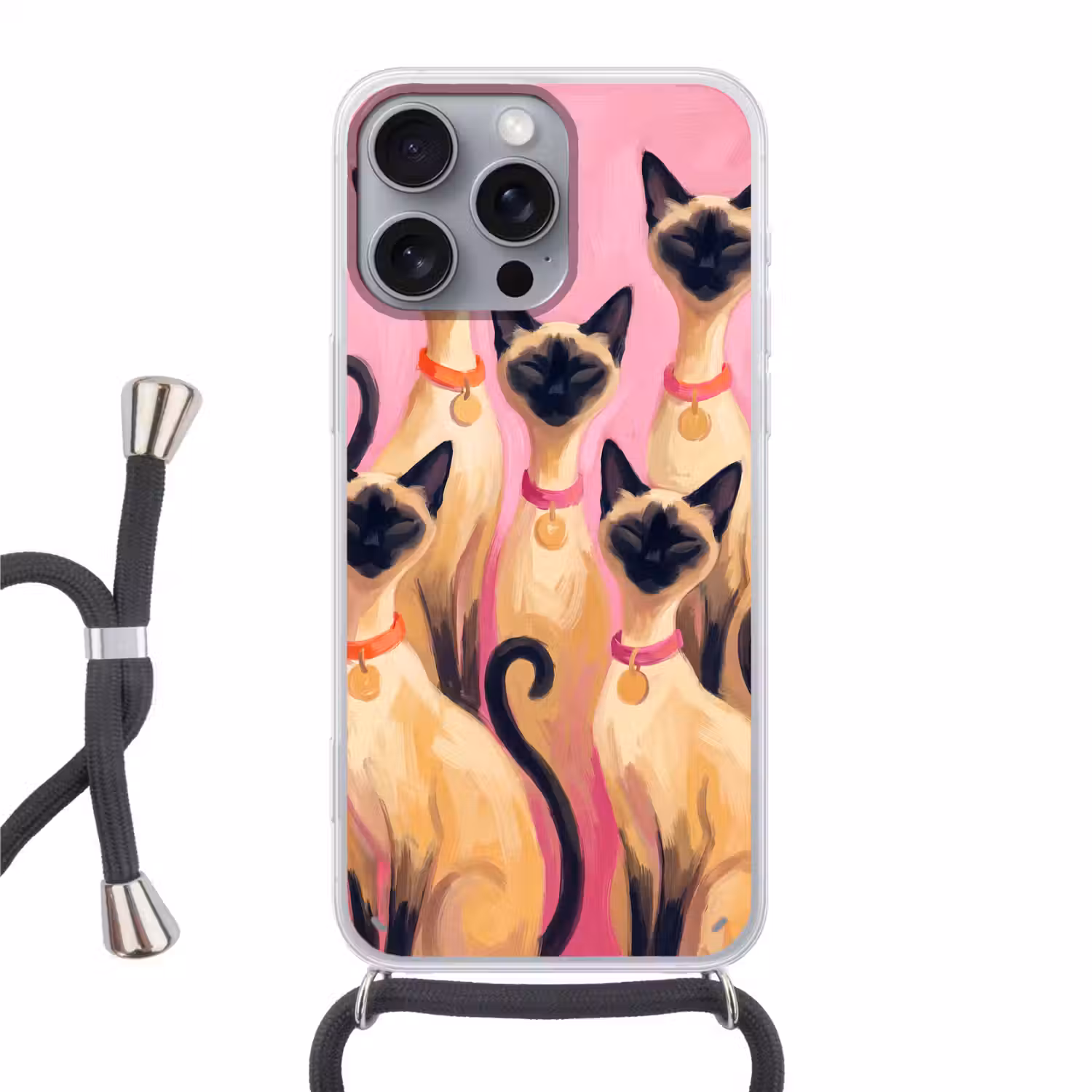 Kat - Groep - Dieren - Modern - Roze Hoesje iPhone 16 Pro Max met koord klein -3d