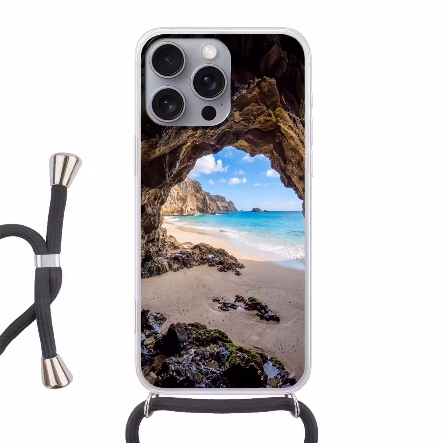 Grot - Strand - Zee - Blauw Hoesje iPhone 16 Pro Max met koord klein -3d
