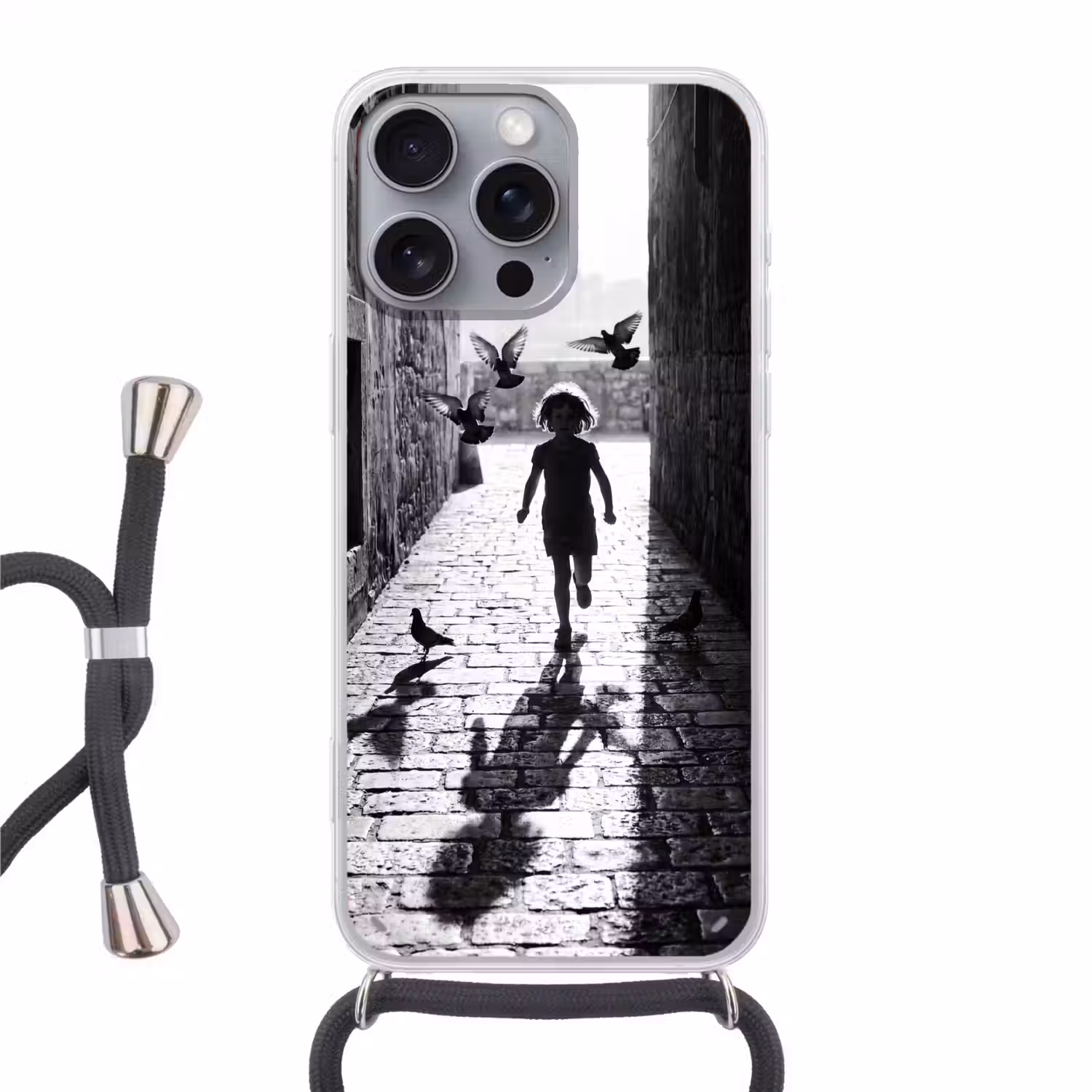Kind - Vogel - Straat - Zwart-wit - Spelen Hoesje iPhone 16 Pro Max met koord klein -3d