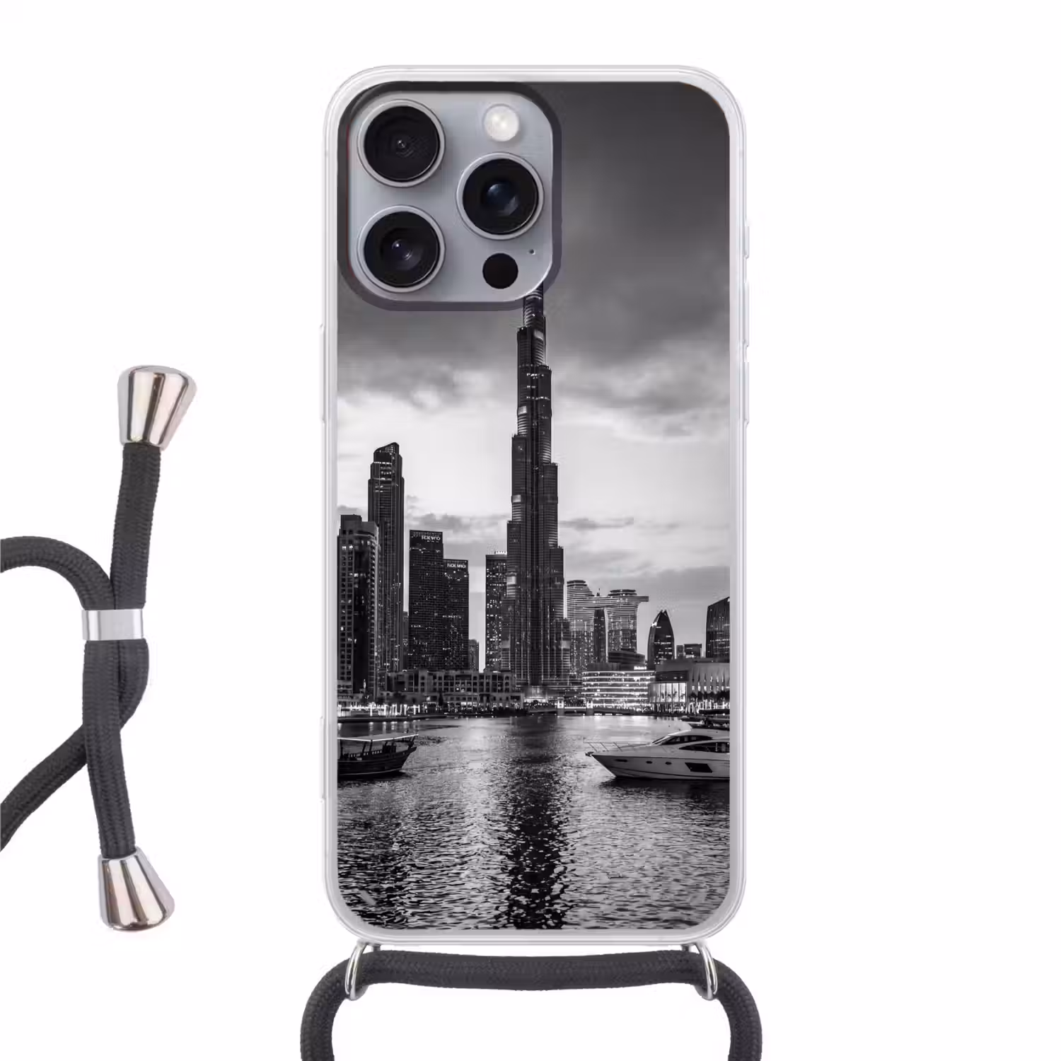 Stad - Skyline - Architectuur - Avond - Zwart-wit Hoesje iPhone 16 Pro Max met koord klein -3d