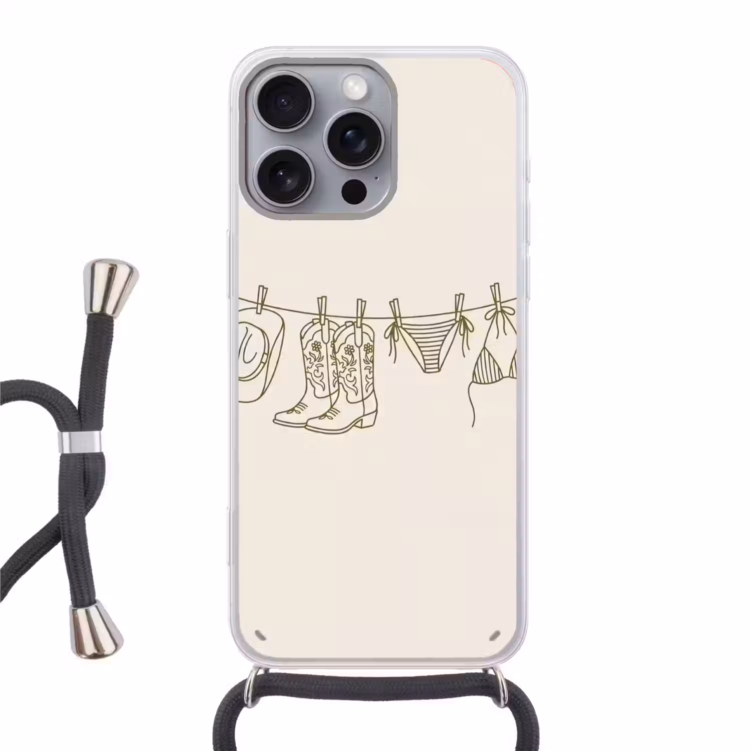 Kleding - Waslijn - Zomer - Lijntekening - Groen Hoesje iPhone 16 Pro Max met koord klein -3d