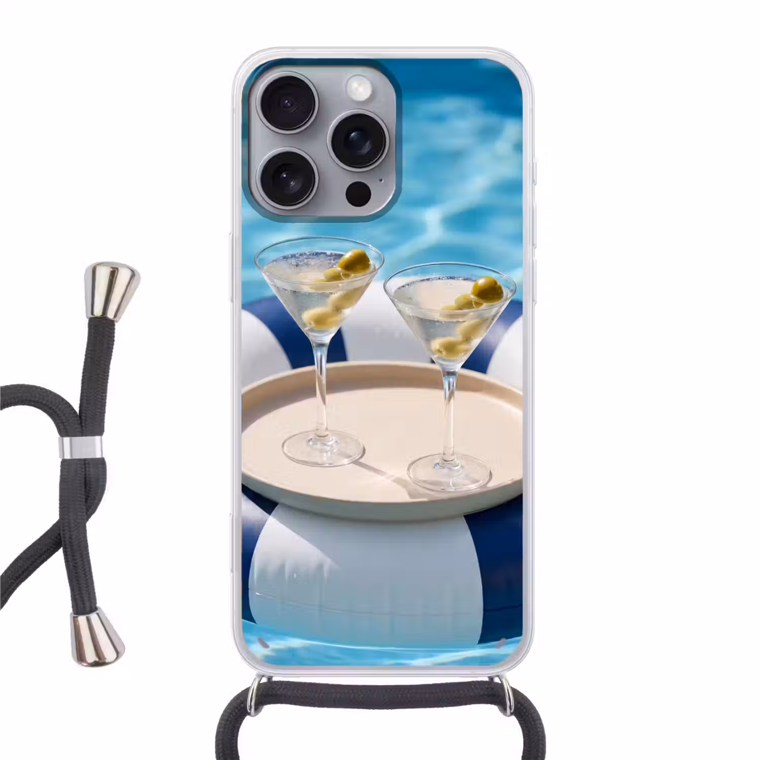 Cocktail - Zwembad - Zomer - Blauw Hoesje iPhone 16 Pro Max met koord klein -3d