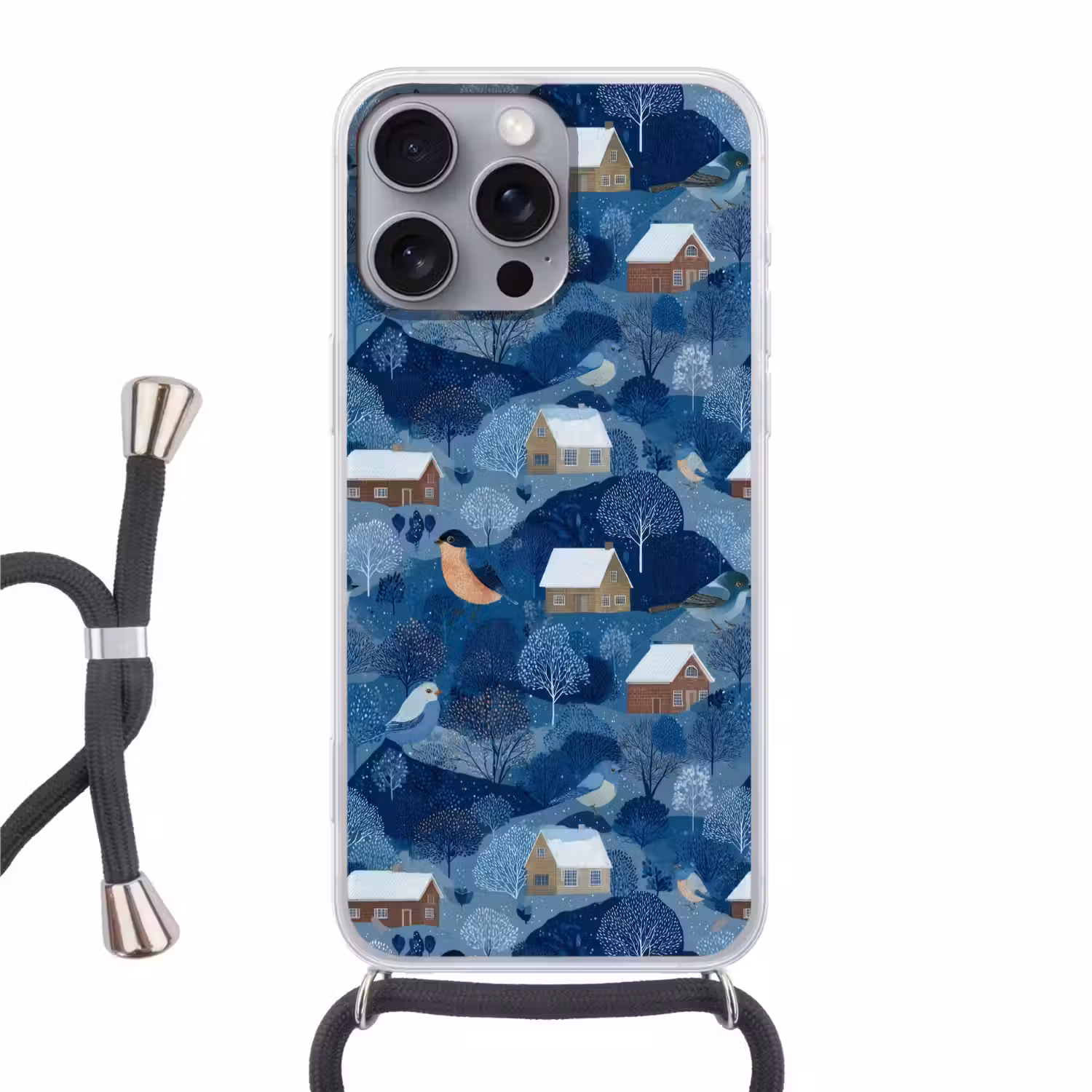 Huisjes - Vogels - Sneeuw - Winter - Blauw Hoesje iPhone 16 Pro Max met koord klein 804 -3d