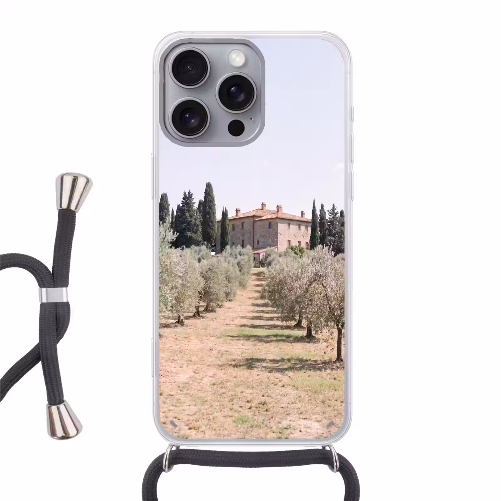 Phone case crossbody - Country house - olive tree - orchard - Landhuis - olijfboom - gaard Hoesje iPhone 16 Pro Max met koord klein