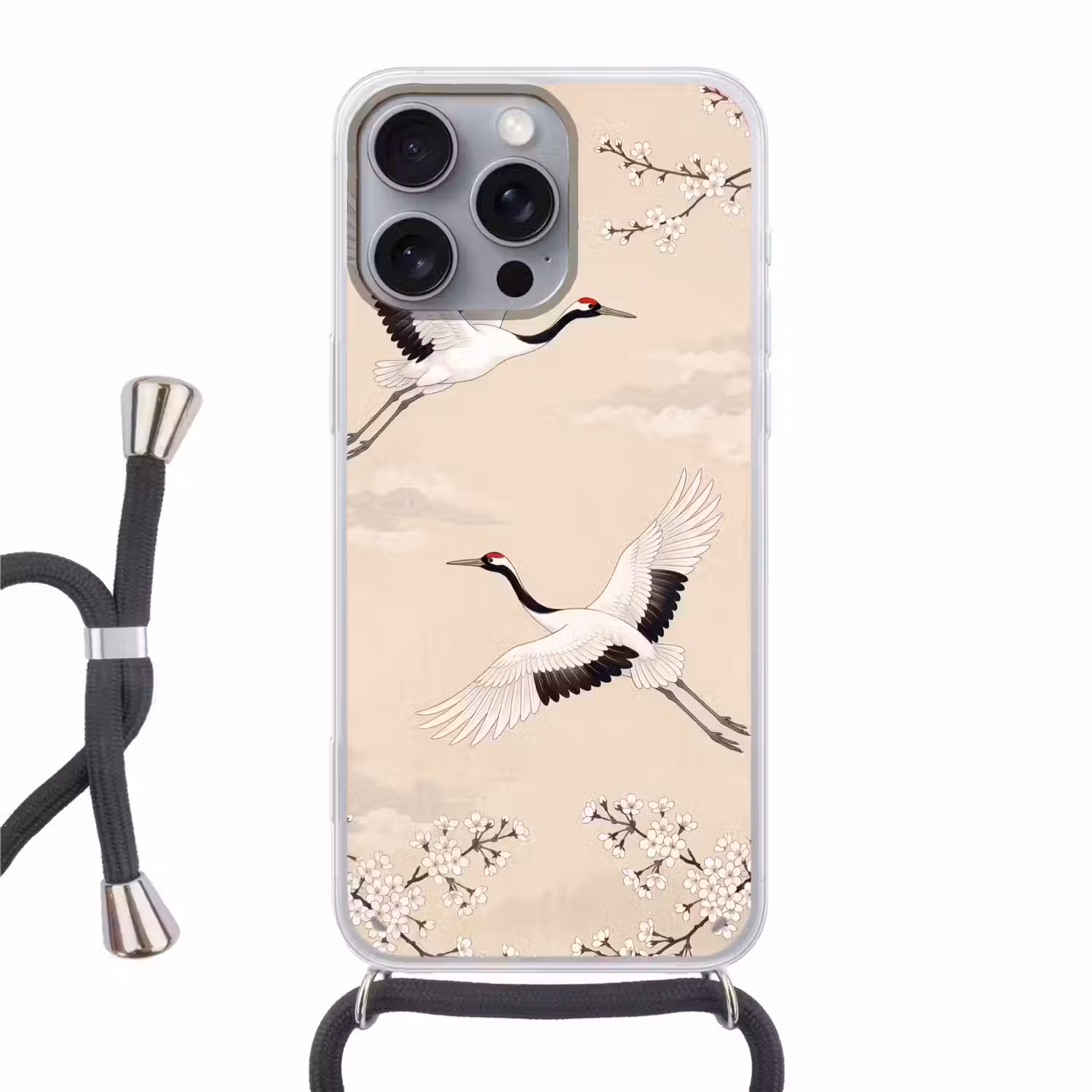 Kraanvogels - Bloesem - Beige Hoesje iPhone 16 Pro Max met koord klein -3d