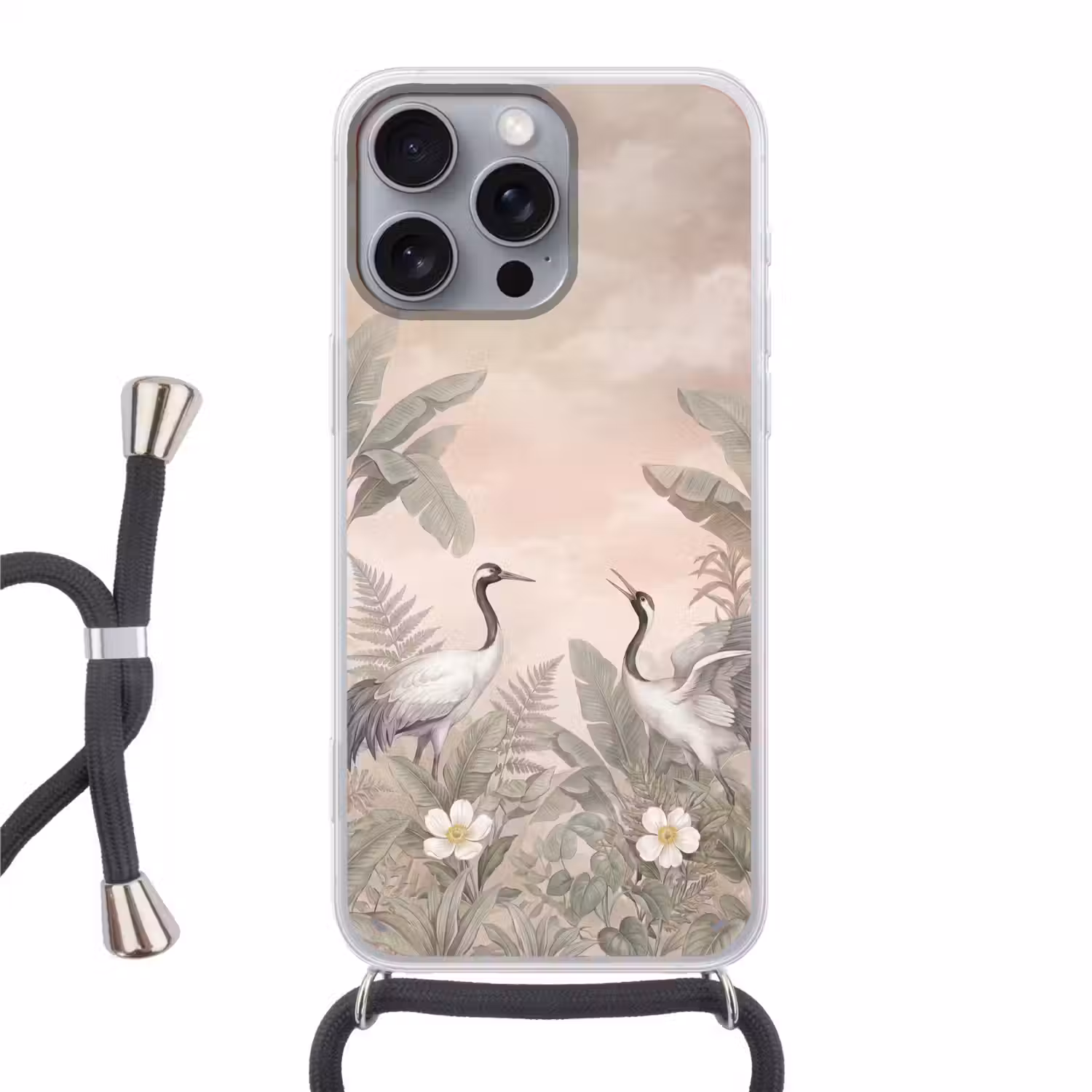 Kraanvogels - Natuur - Roze Hoesje iPhone 16 Pro Max met koord klein -3d
