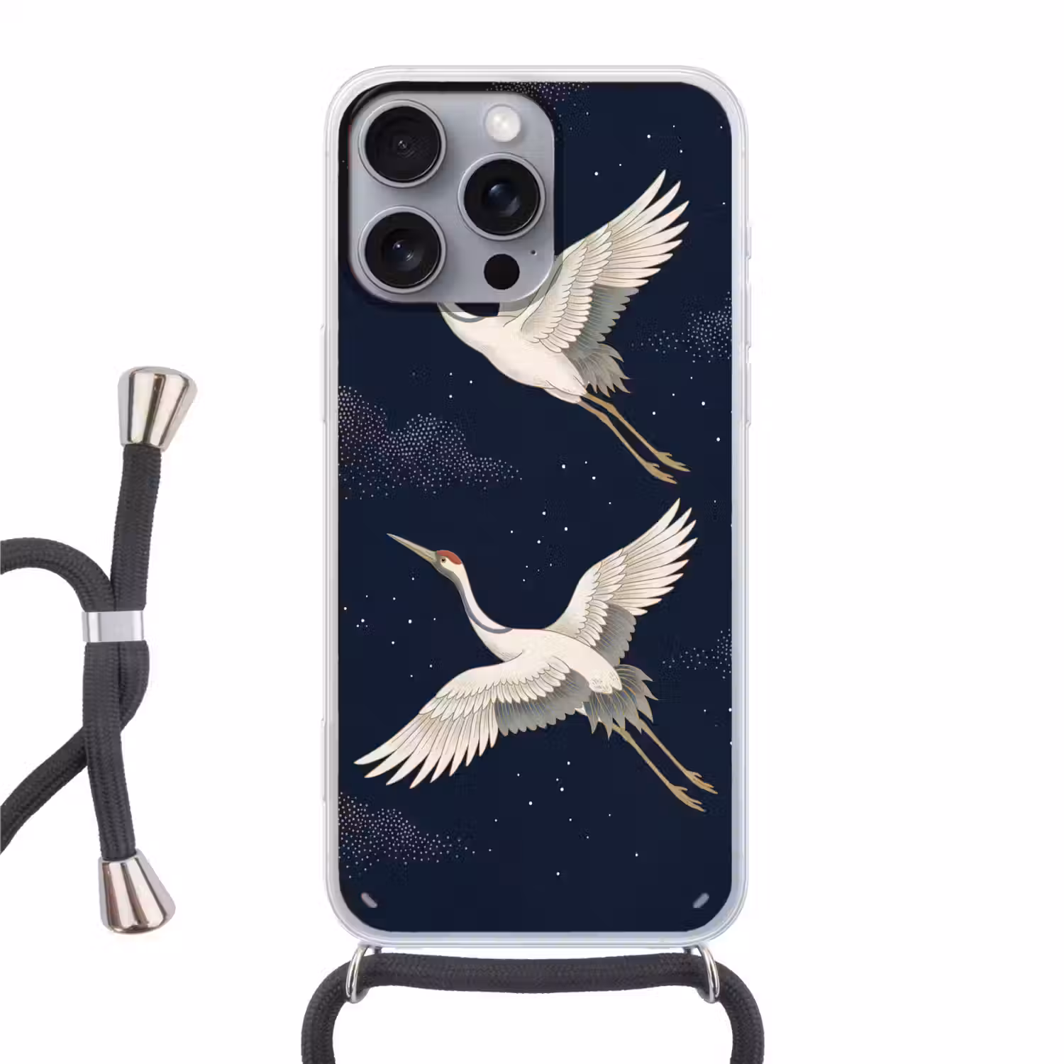 Kraanvogels - Nachthemel - Blauw Hoesje iPhone 16 Pro Max met koord klein -3d