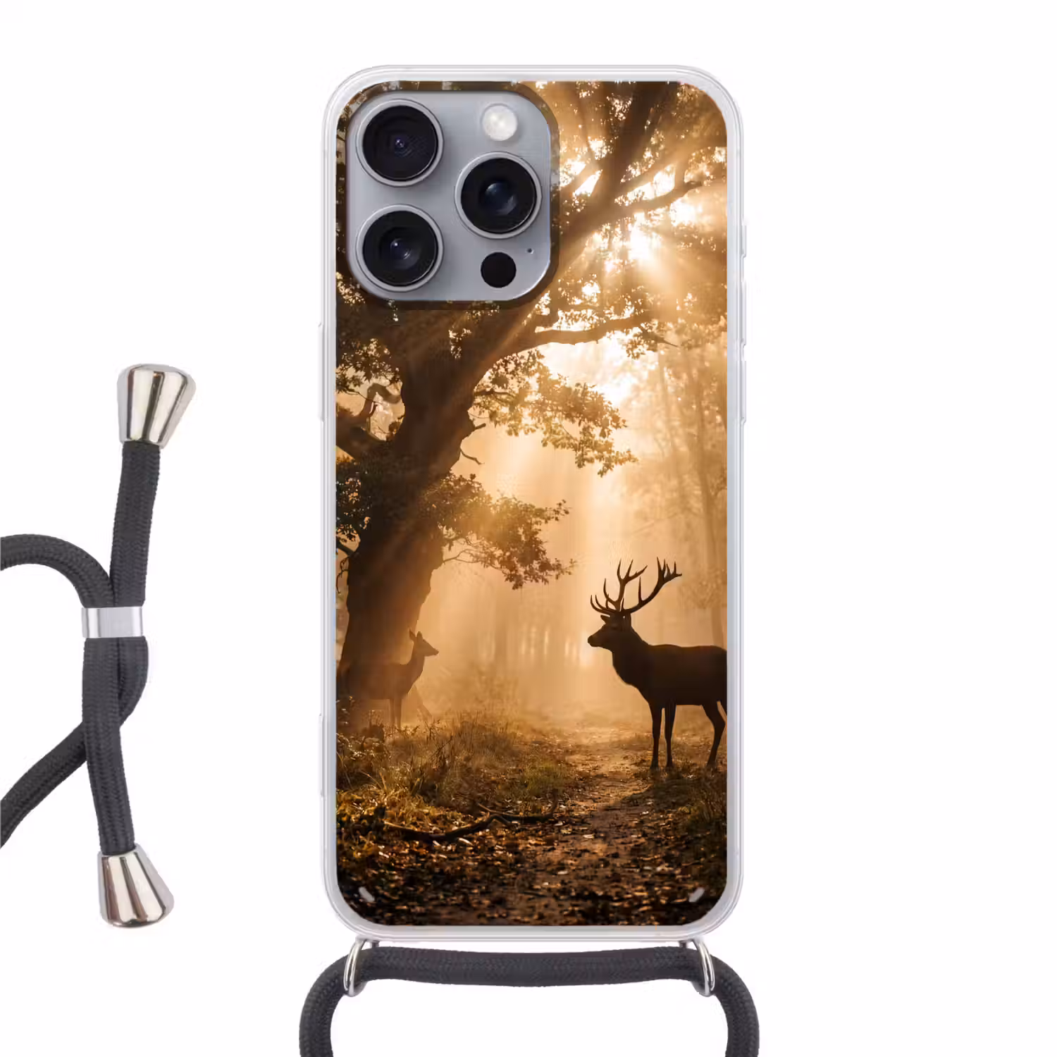 Hert - Bos - Mistig - Natuur - Goud Hoesje iPhone 16 Pro Max met koord klein -3d