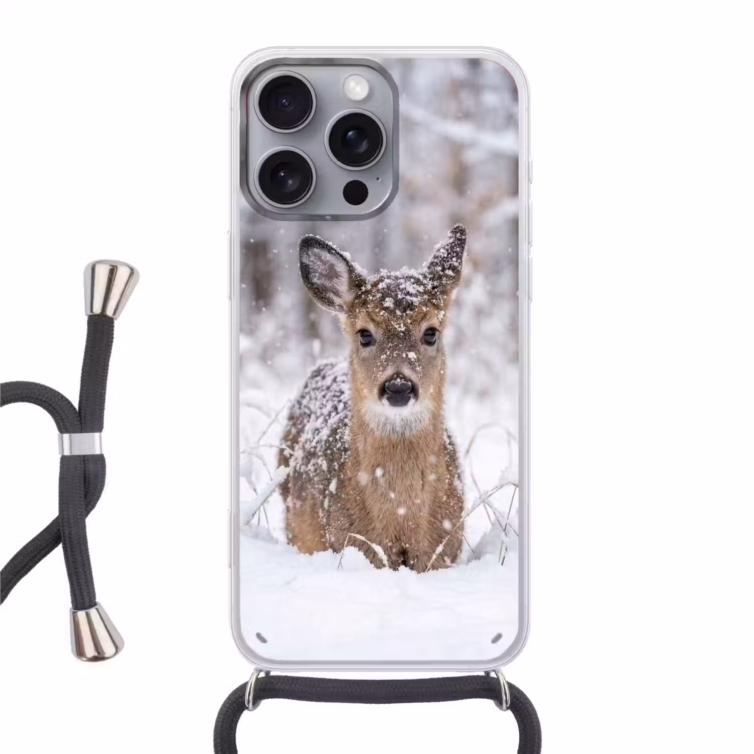 Hert - Sneeuw - Bos - Dieren - Vertederend Hoesje iPhone 16 Pro Max met koord klein -3d