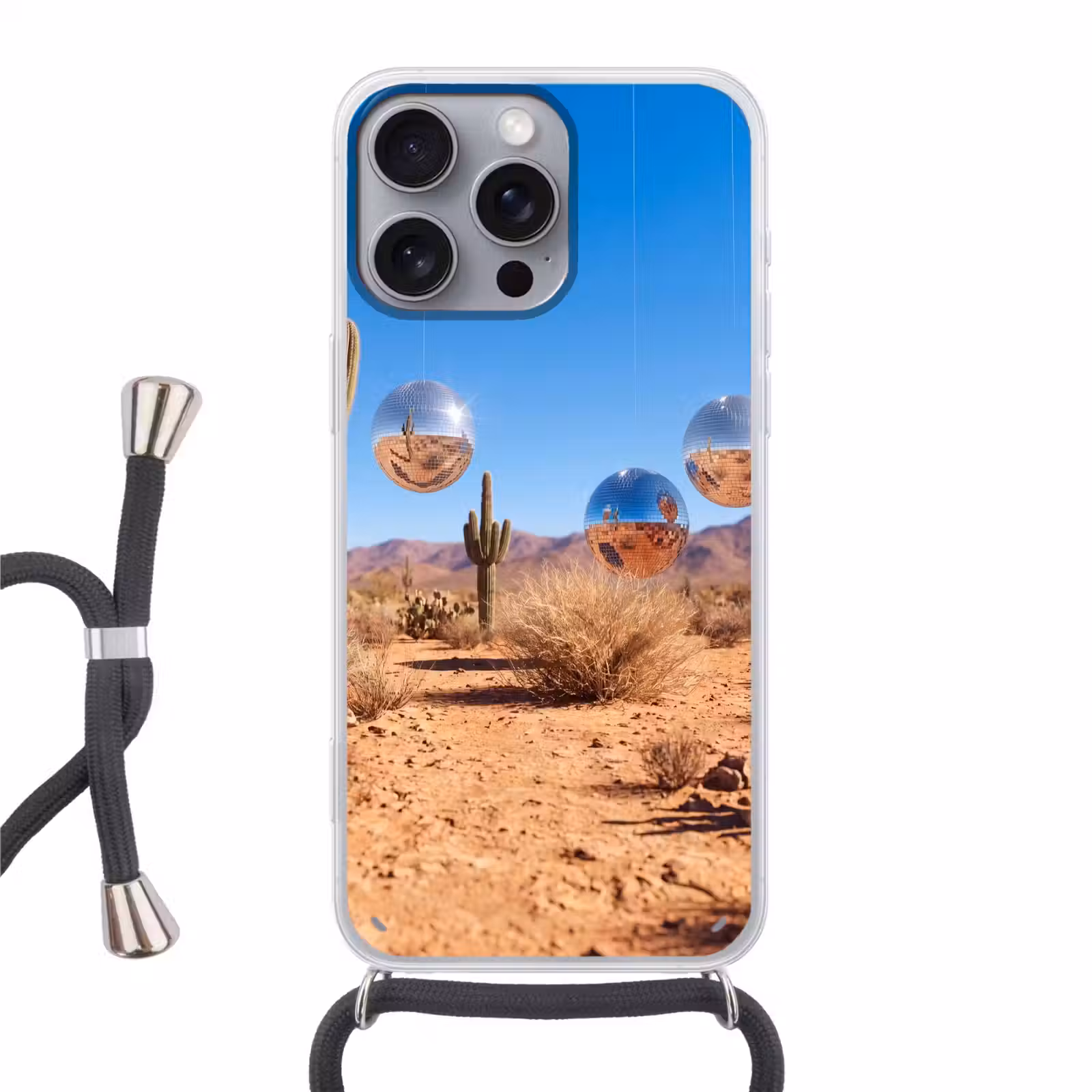 Phone case crossbody - Desert - Mirror Ball - Art - Woestijn - Spiegelbal - Kunst Hoesje iPhone 16 Pro Max met koord klein