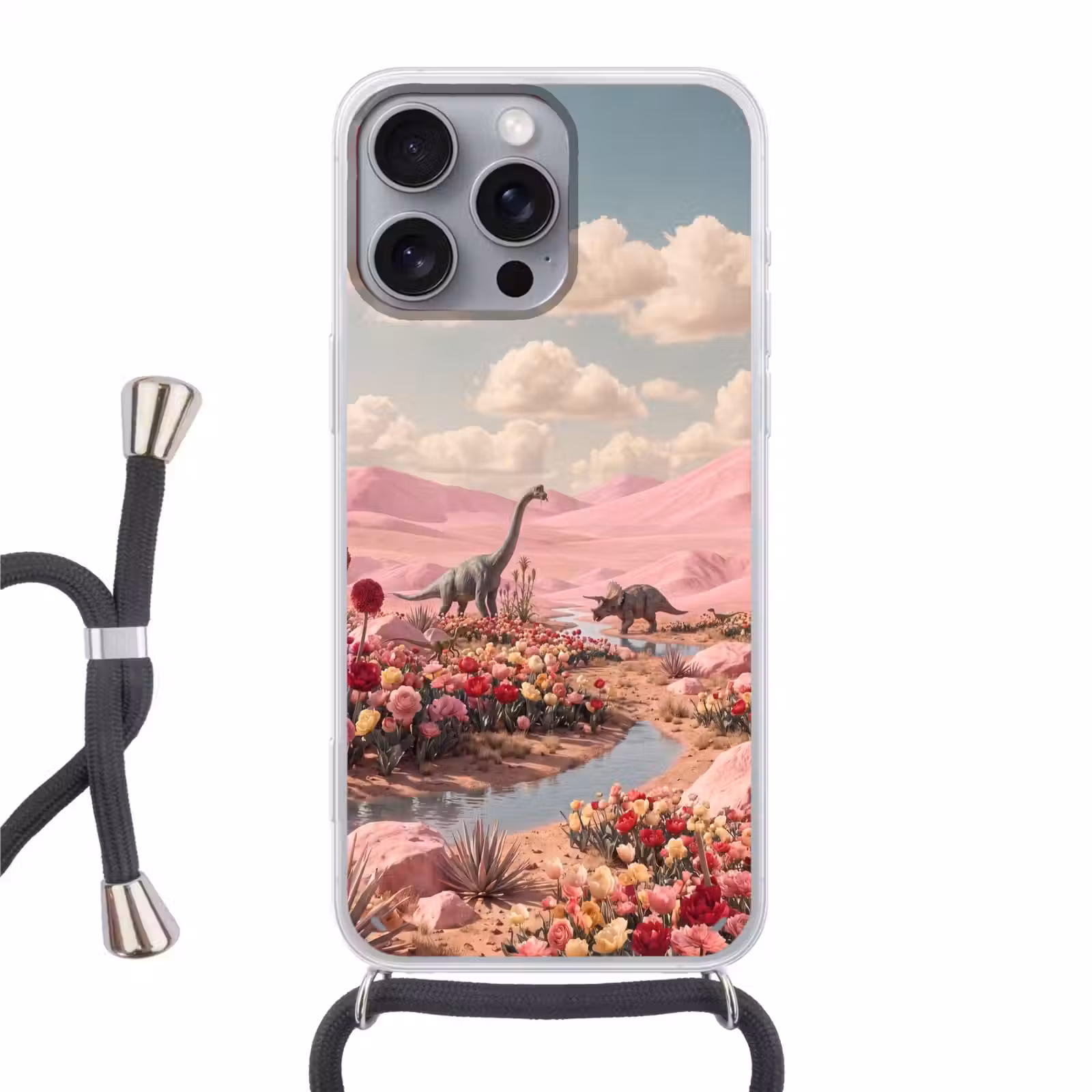 Phone case crossbody - Dinosaur - Pink - Landscape - Dinosaurus - Roze - Landschap Hoesje iPhone 16 Pro Max met koord klein