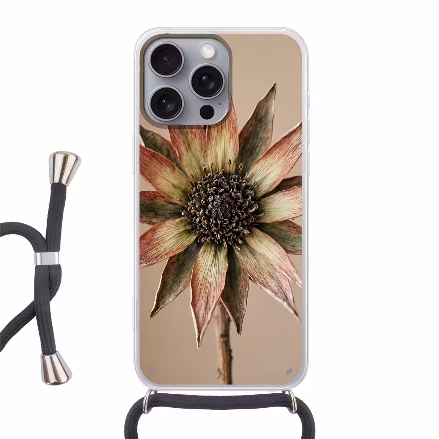 Droogbloem - Protea - Vintage - Beige - Rustiek Hoesje iPhone 16 Pro Max met koord klein -3d