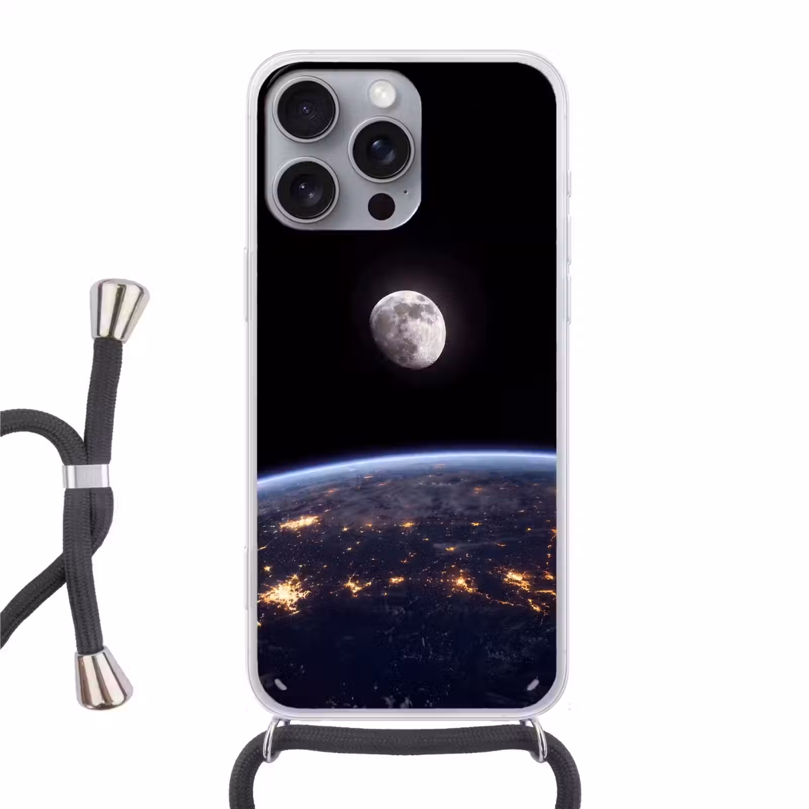 Phone case crossbody - Earth - Night - Space - Aarde - Nacht - Ruimte Hoesje iPhone 16 Pro Max met koord klein