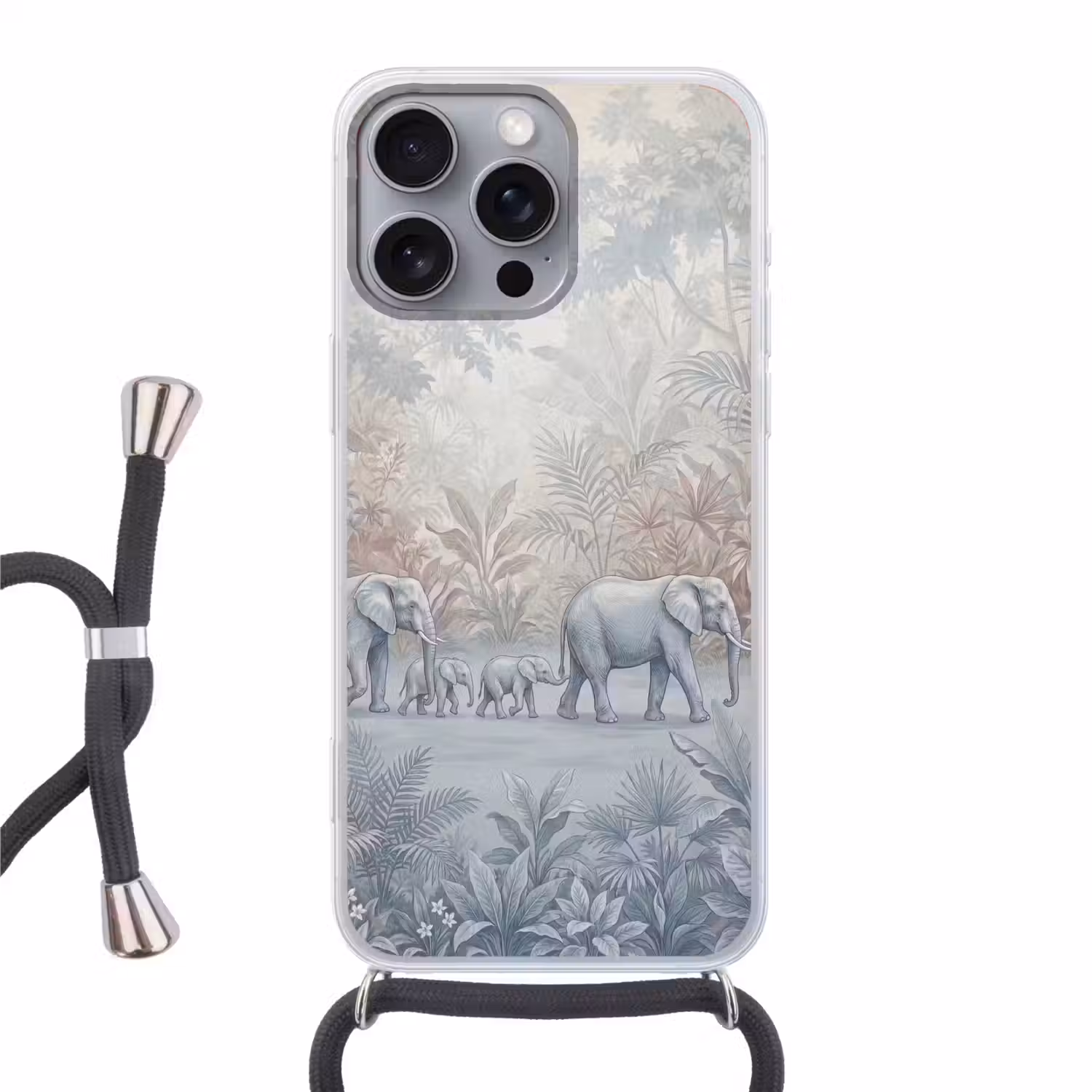 Olifant - Familie - Jungle - Illustratie - Grijs Hoesje iPhone 16 Pro Max met koord klein -3d