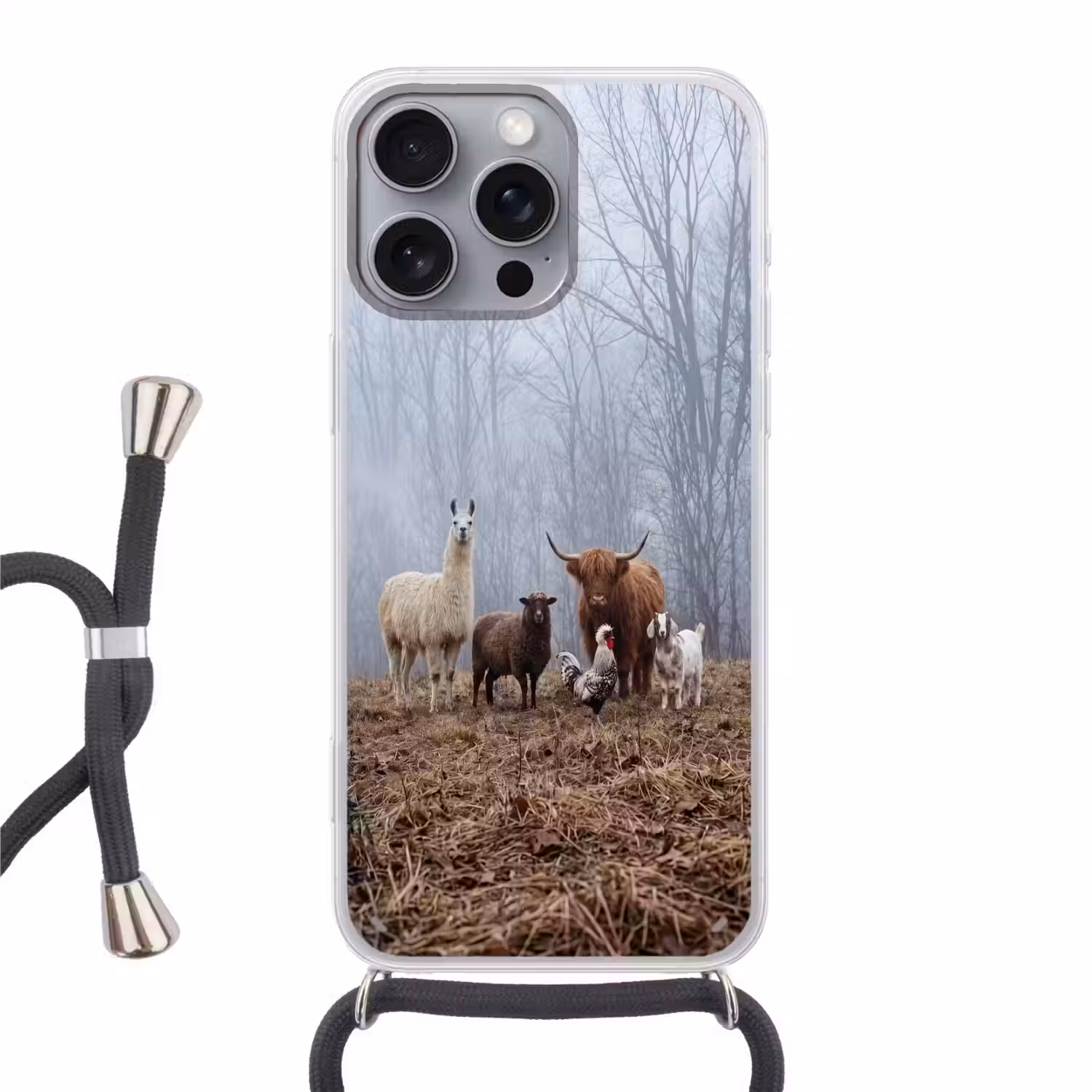 Boerderijdieren - Groep - Mist - Natuur - Rustiek Hoesje iPhone 16 Pro Max met koord klein -3d