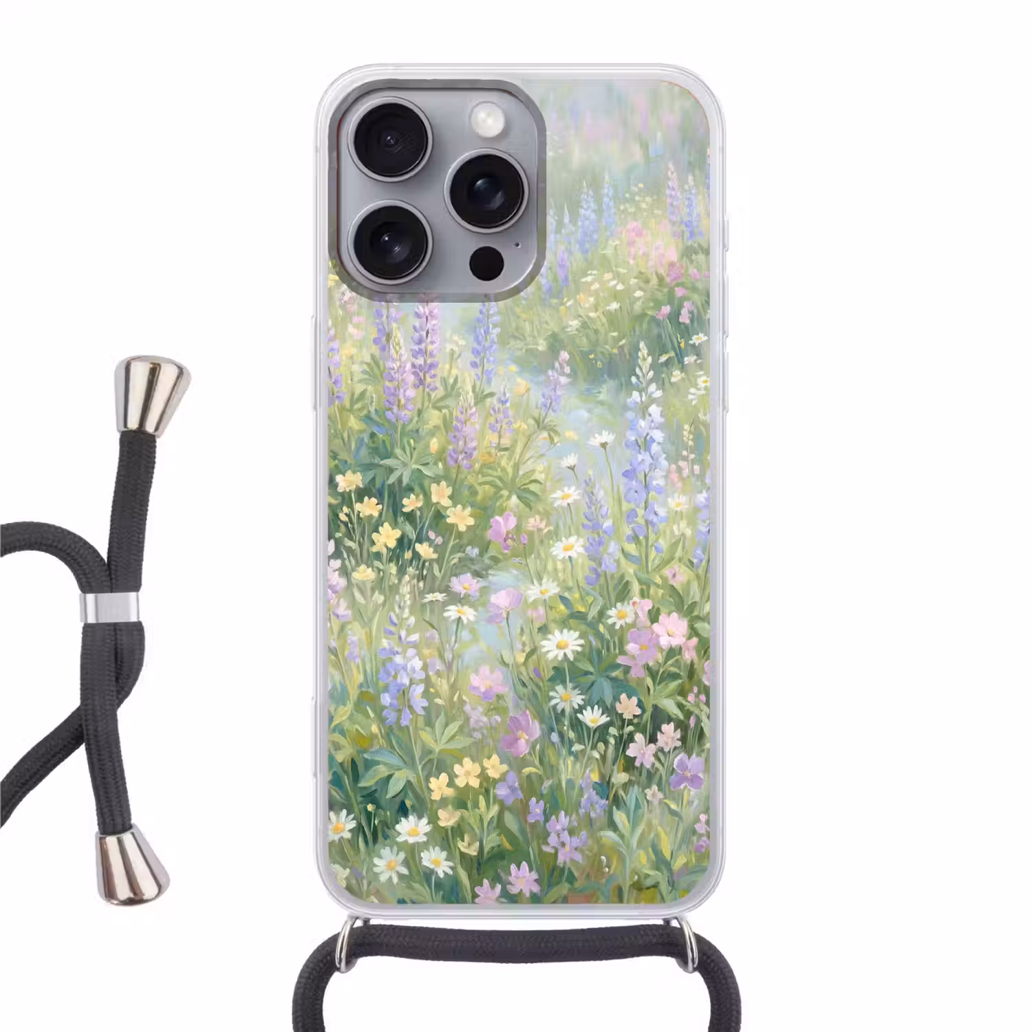 Bloemenveld - Heuvels - Kleurrijk Hoesje iPhone 16 Pro Max met koord klein -3d