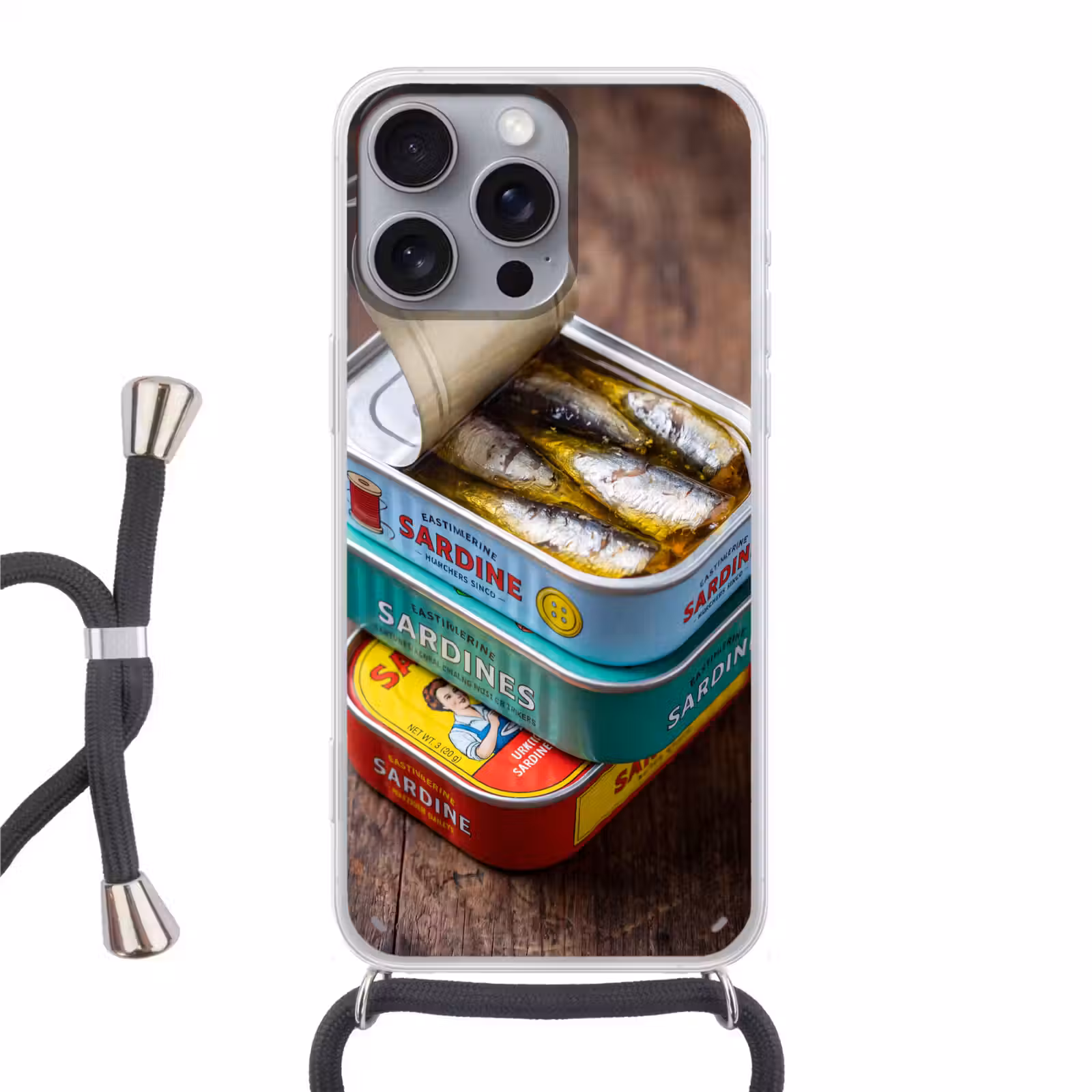 Phone case crossbody - Fish - Cans - Kitchen - Vis - Blikjes - Keuken Hoesje iPhone 16 Pro Max met koord klein